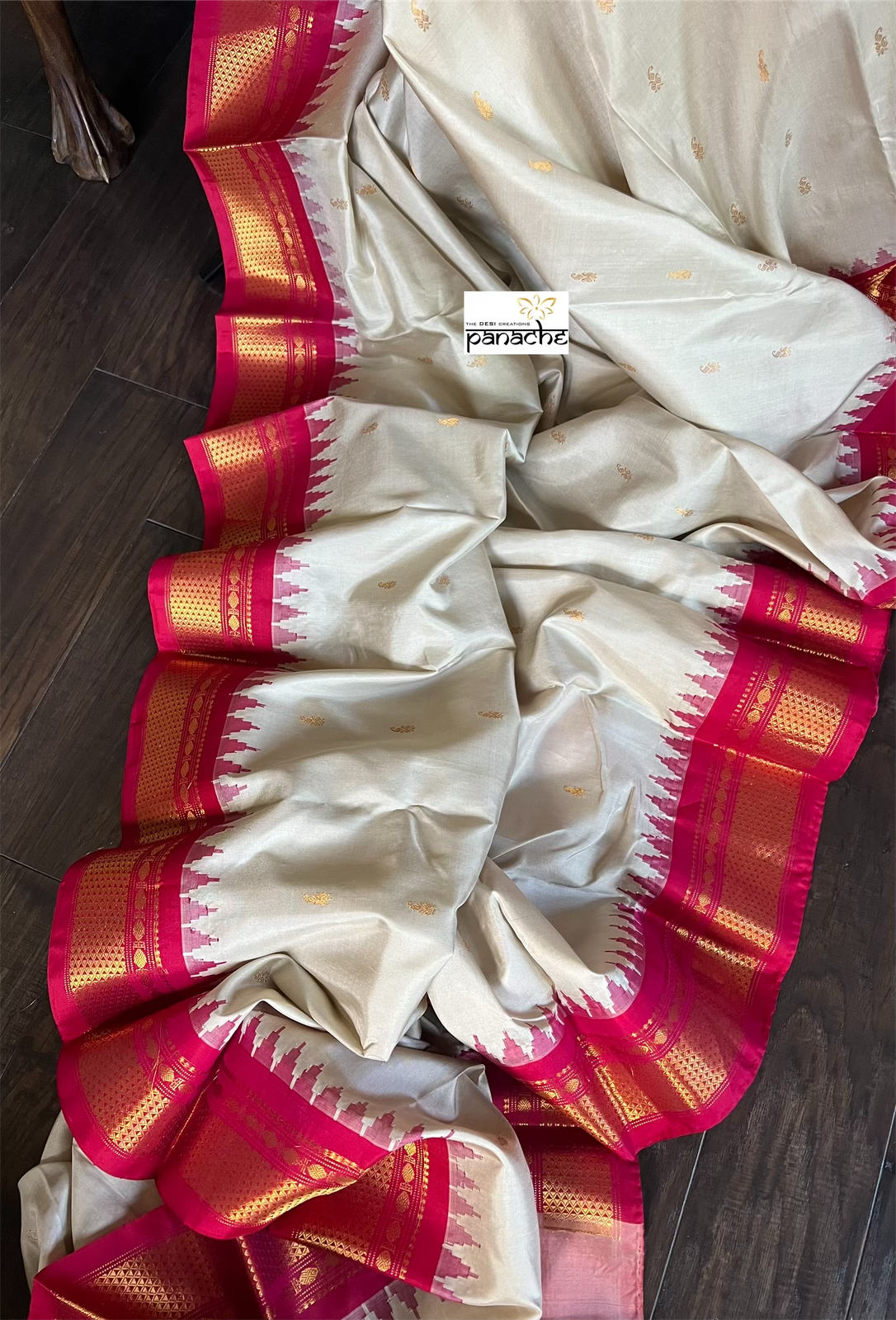 Pure Silk Gadwal - Grey Beige Raspberry Pink