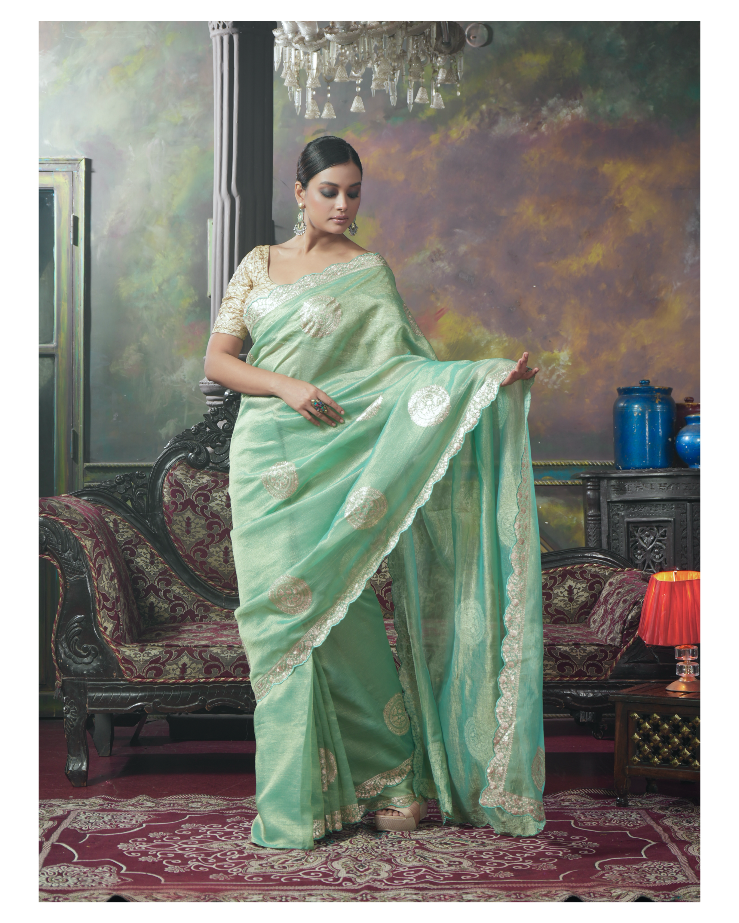 Designer Crushed Tissue Georgette - Sea Green Hand Pitta Work