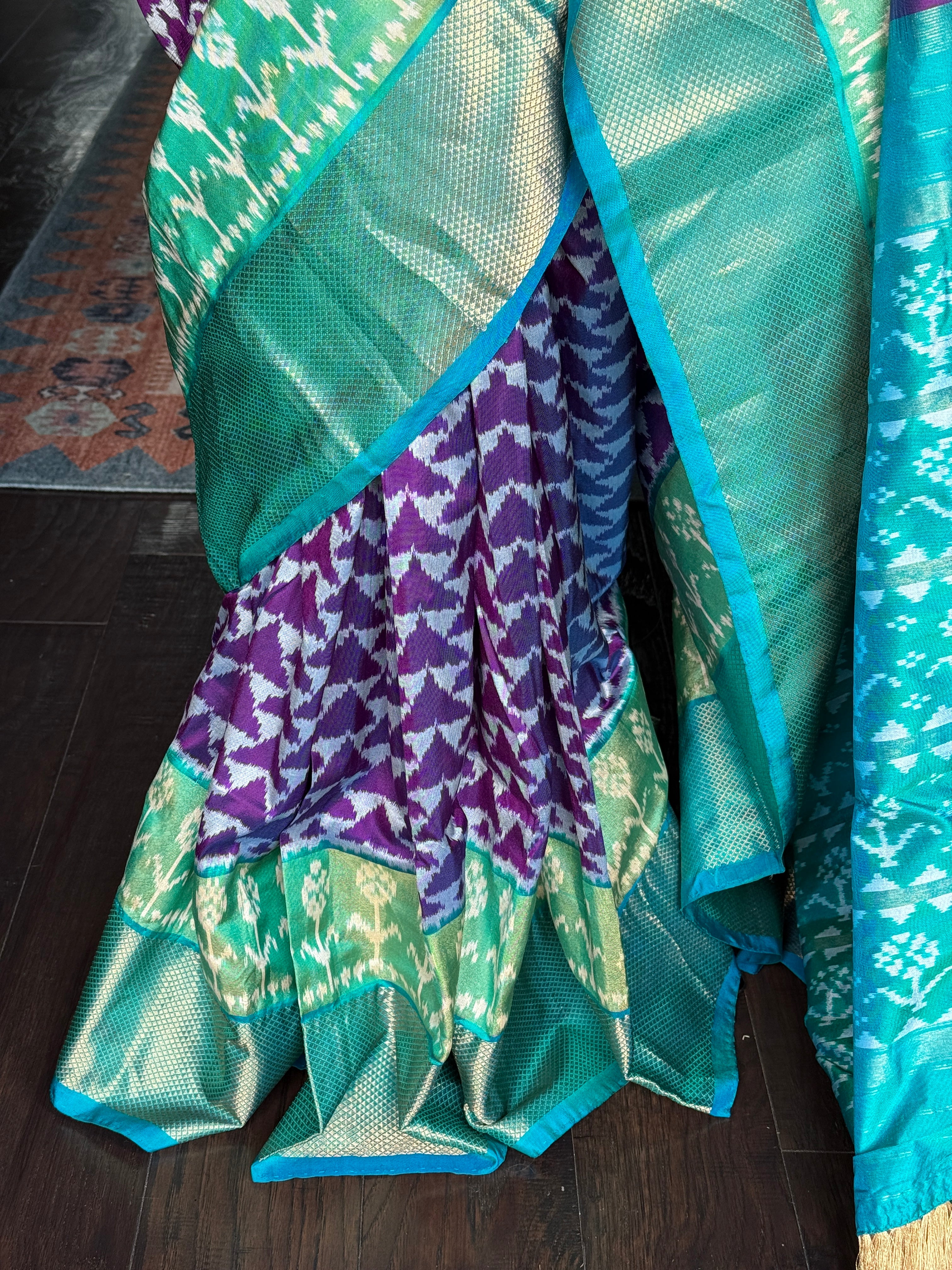 Pure Silk Ikat - Purple Sea Green Pochampally