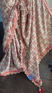 Designer Soft Silk - Beige Red Figurines Printed