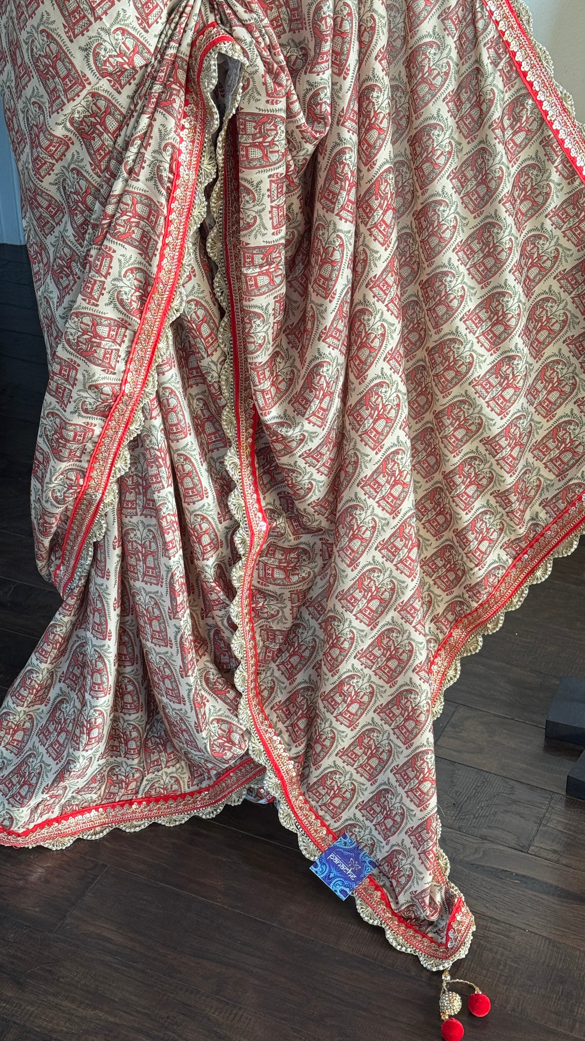 Designer Soft Silk - Beige Red Figurines Printed