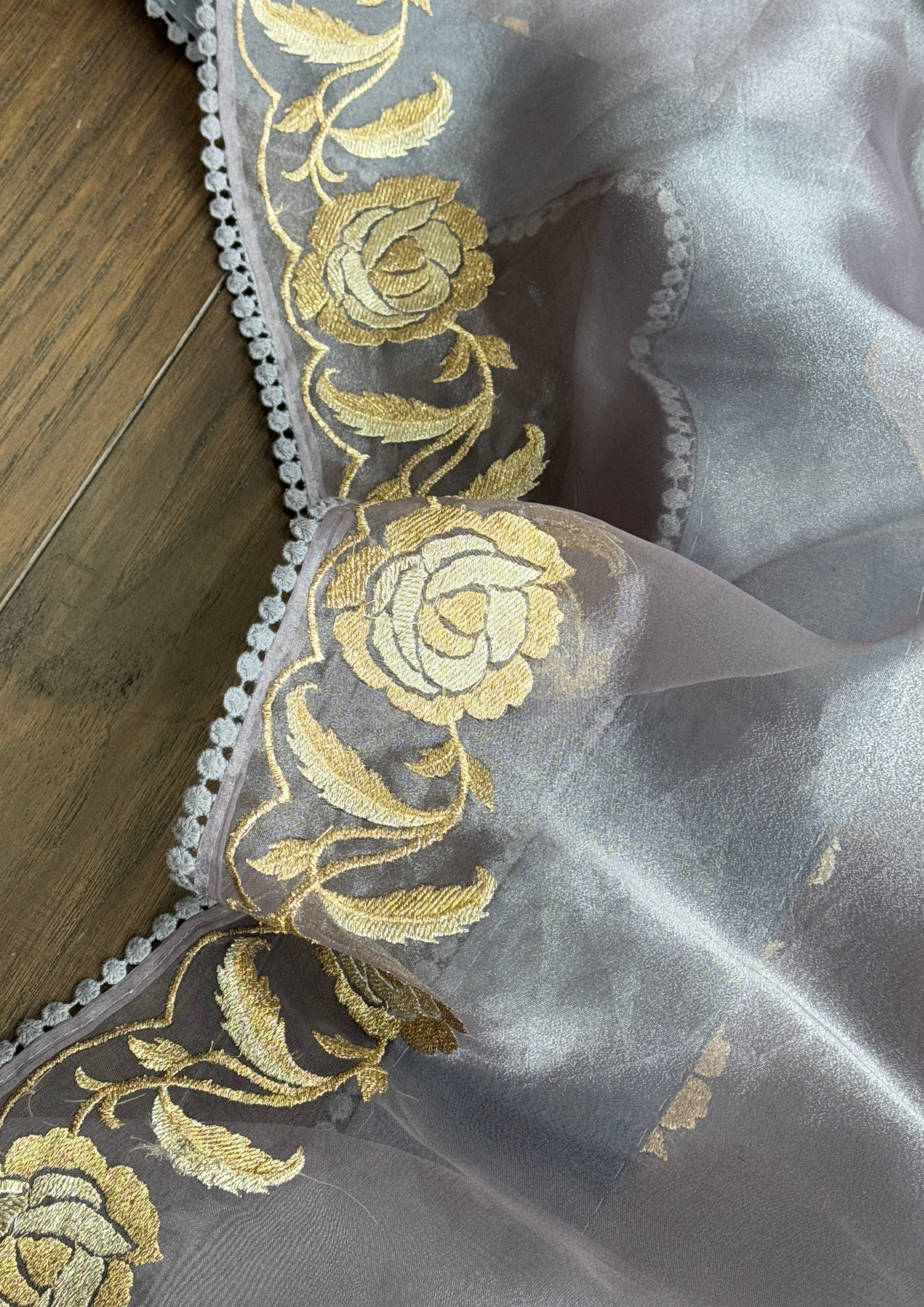 Designer Tissue Organza Embroidered - Silver Grey