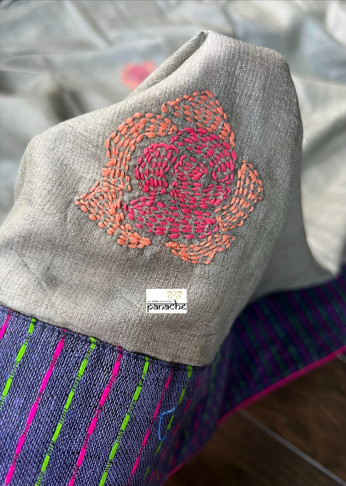 Designer Tussar Silk Embroidered - Grey Purple Green Masaba Inspired