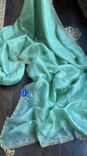 Designer Crushed Tissue Silk - Sea Gree Embroidered