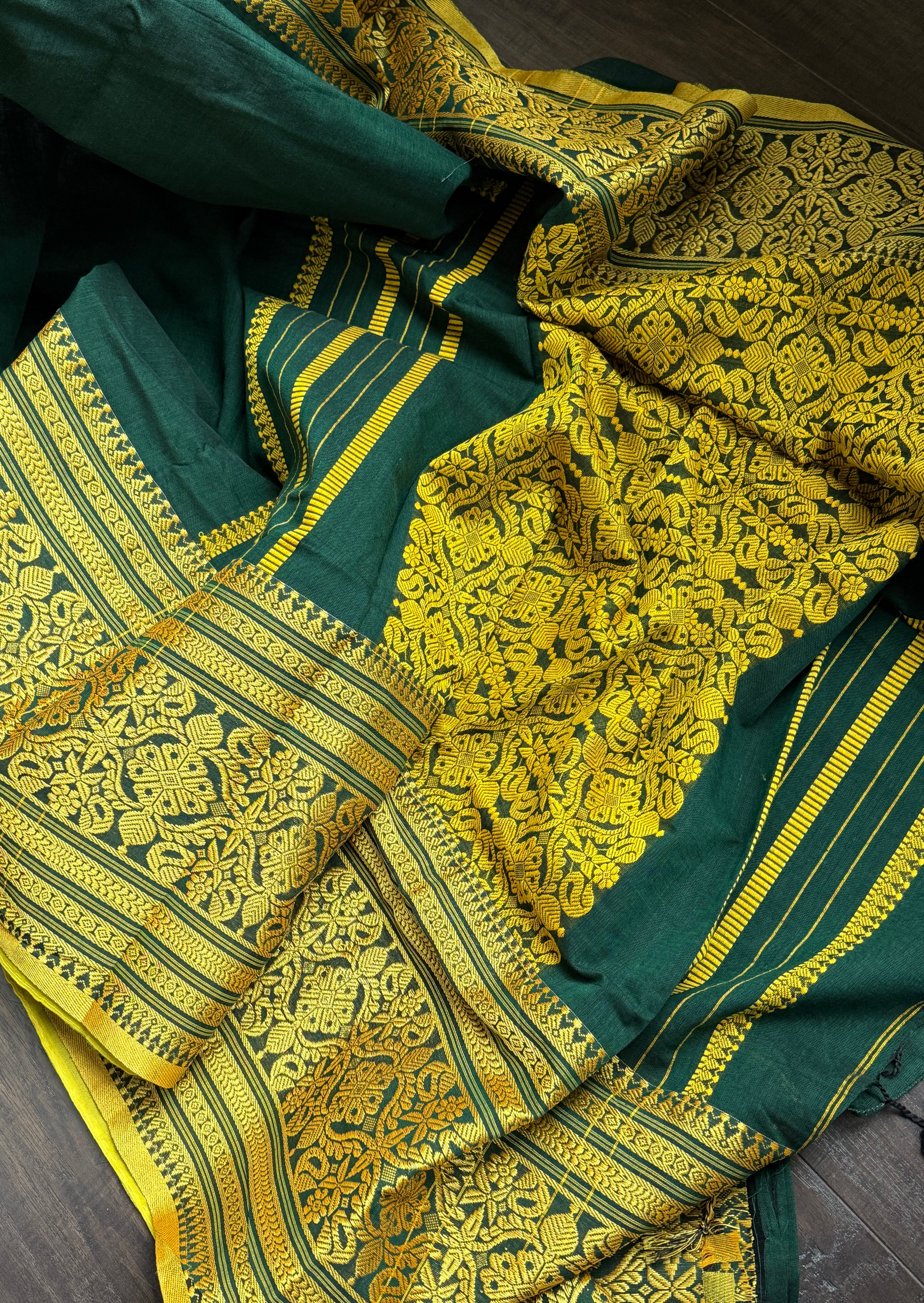 Pure Khadi Cotton Handloom - Dark Green Yellow