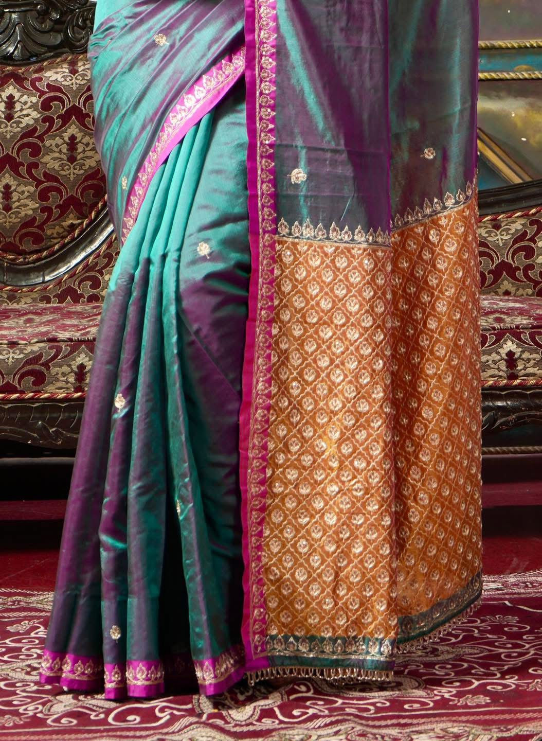 Hand Zardozi Pure Chanderi Pattu Silk - Green Pink Dual Shaded Pink