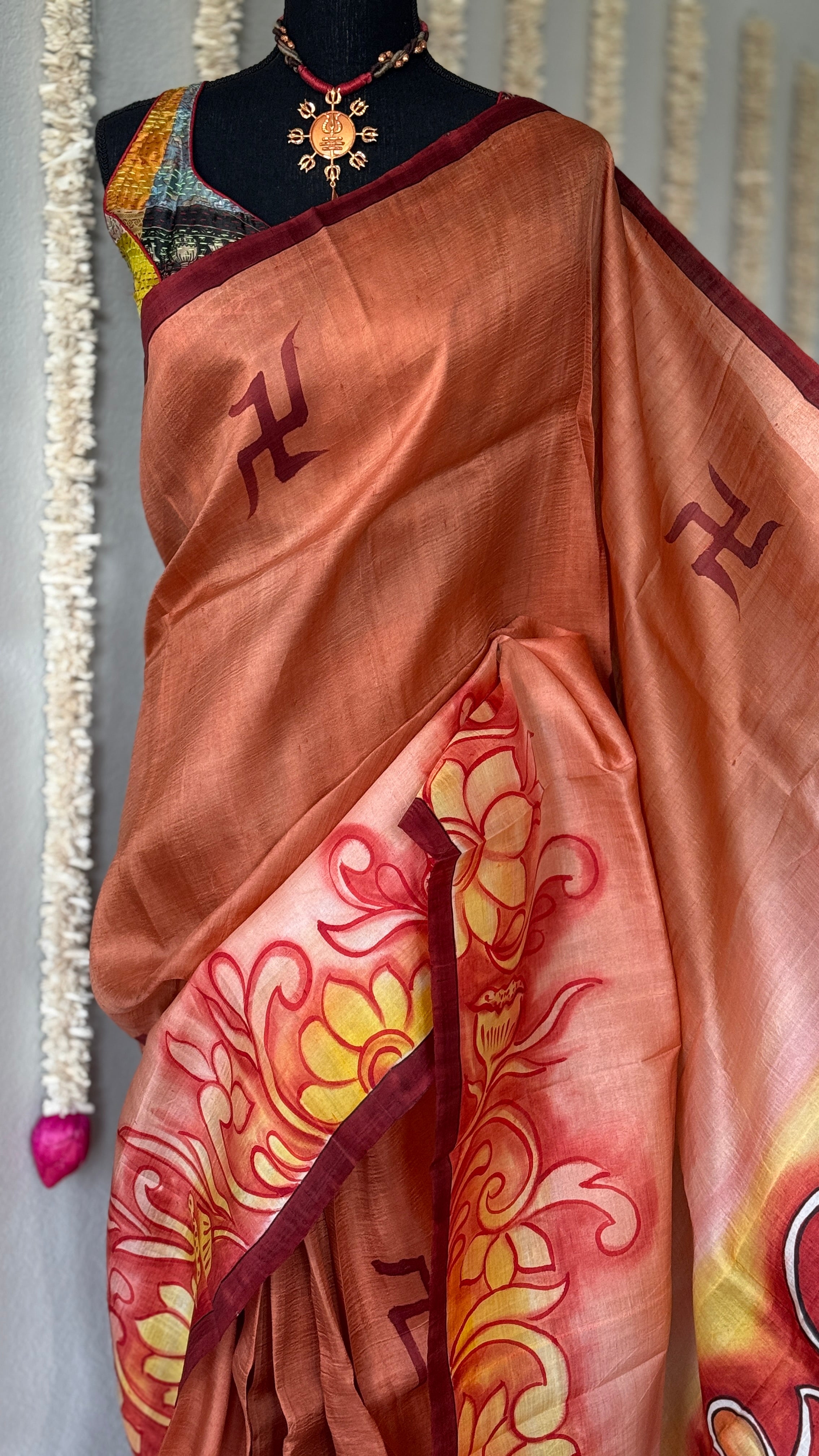 Hand Painted Tussar Silk - Rust Ganesha