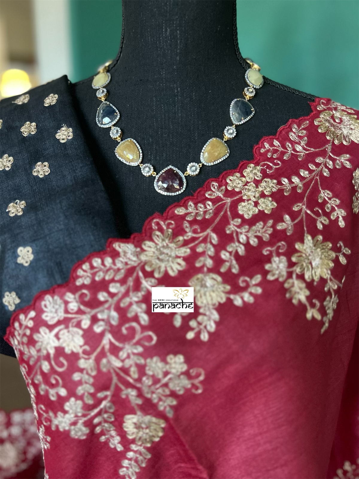 Designer Tussar Silk - Red Black Leheriya Hand Embroidered