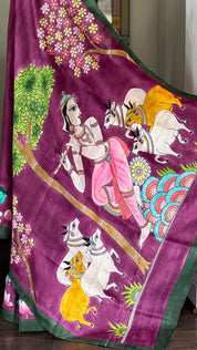 Hand Painted Tussar Silk - Purple Pichwai