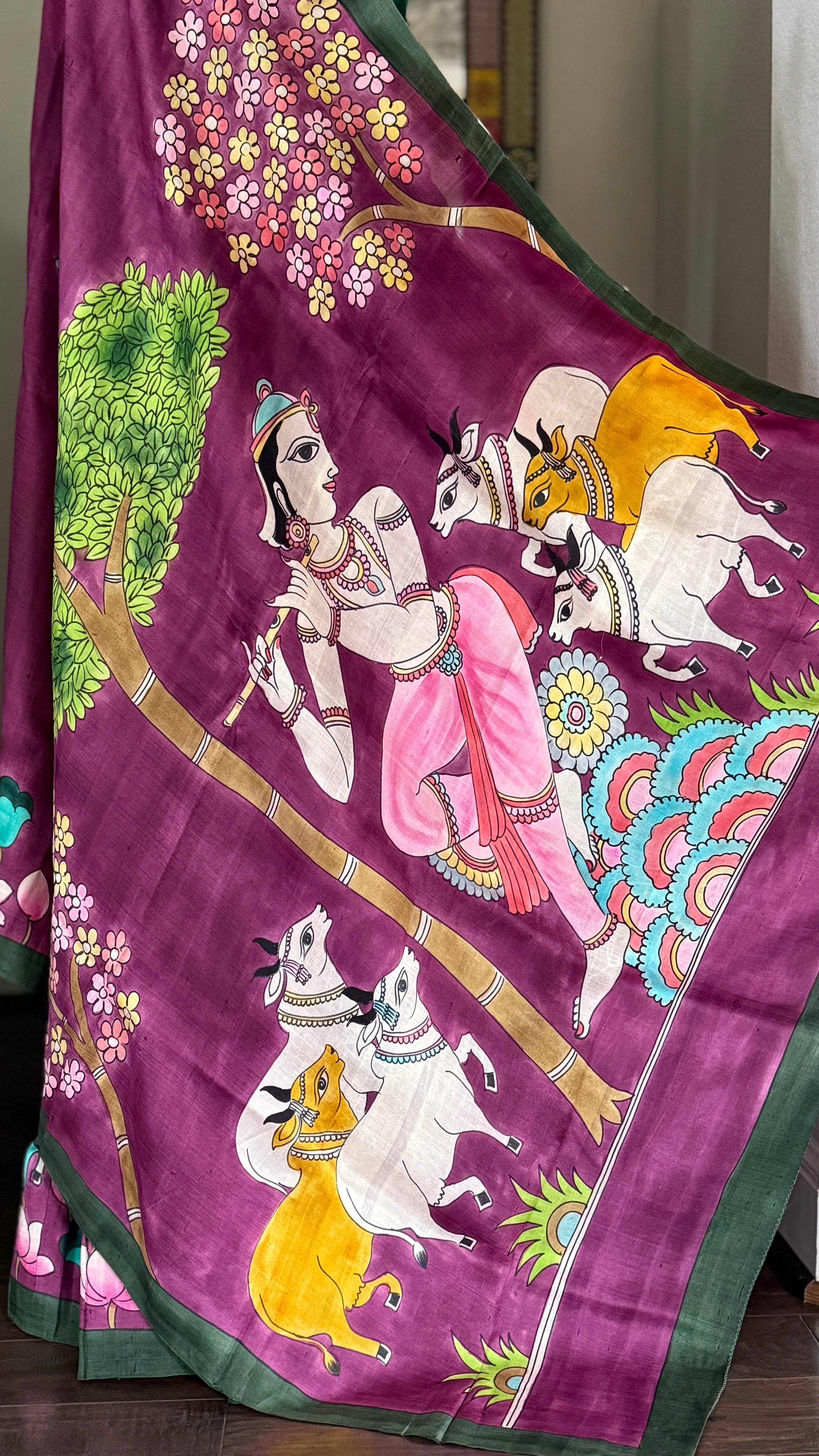 Hand Painted Tussar Silk - Purple Pichwai