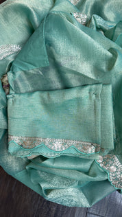 Designer Crushed Tissue Georgette - Sea Green Hand Pitta Work