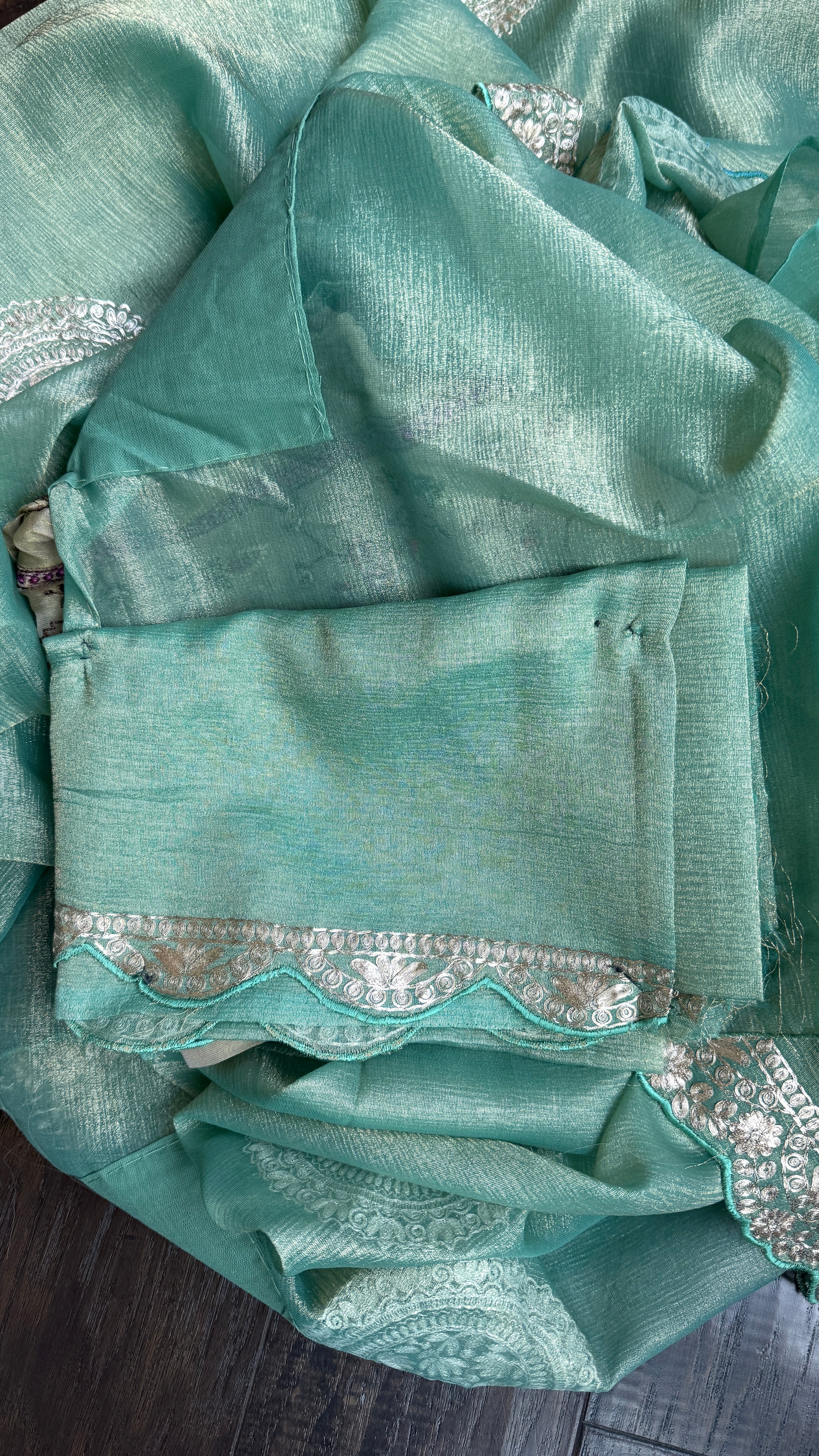 Designer Crushed Tissue Georgette - Sea Green Hand Pitta Work