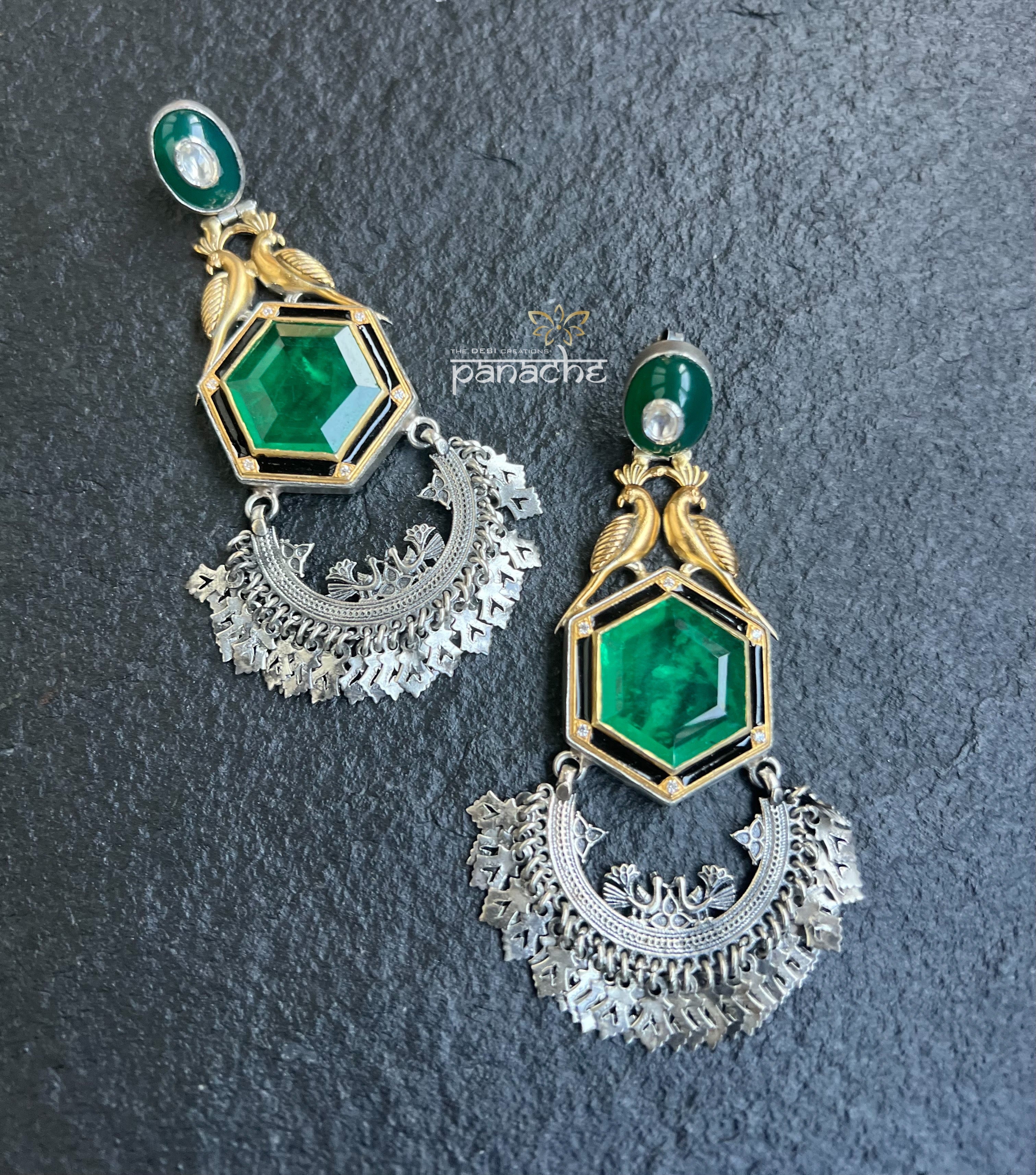Artisan Earring 925 Silver- Green Kundan Dangler