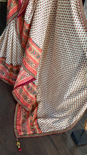 Satin Maslin Silk Printed - Beige Maroon Green