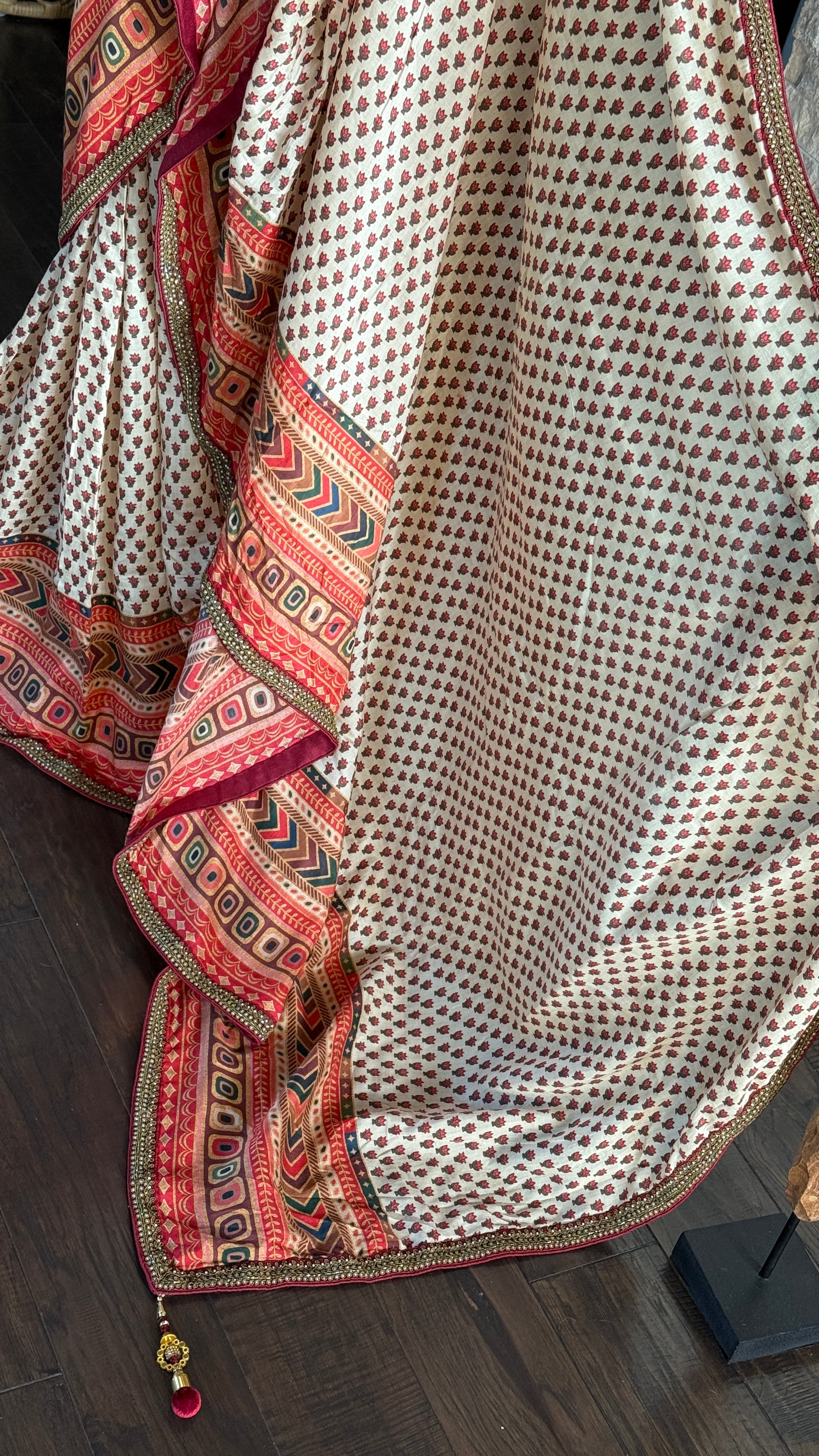 Satin Maslin Silk Printed - Beige Maroon Green