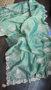 Designer Crushed Tissue Georgette - Sea Green Hand Pitta Work