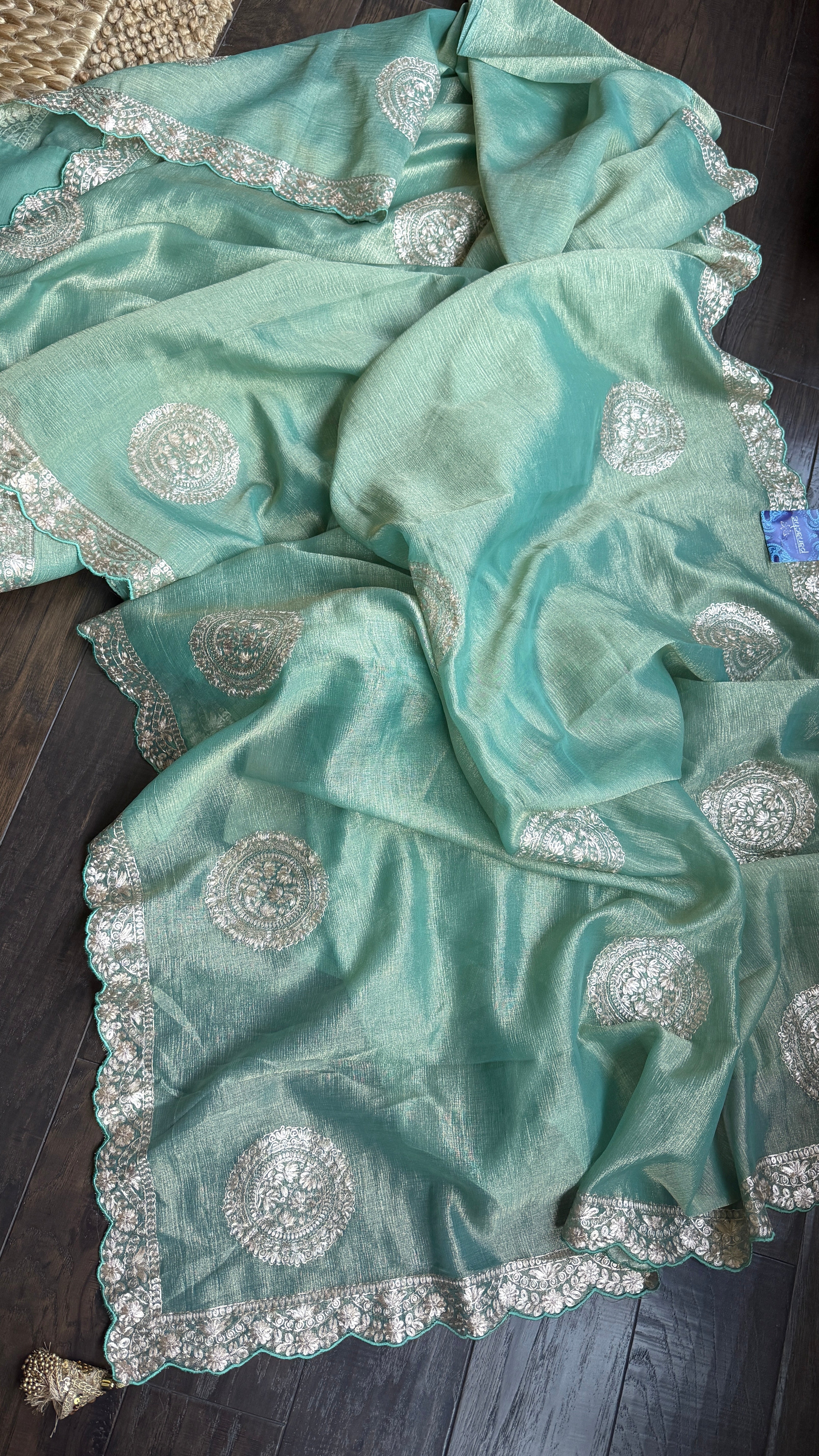 Designer Crushed Tissue Georgette - Sea Green Hand Pitta Work