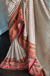 Satin Maslin Silk Printed - Beige Maroon Green