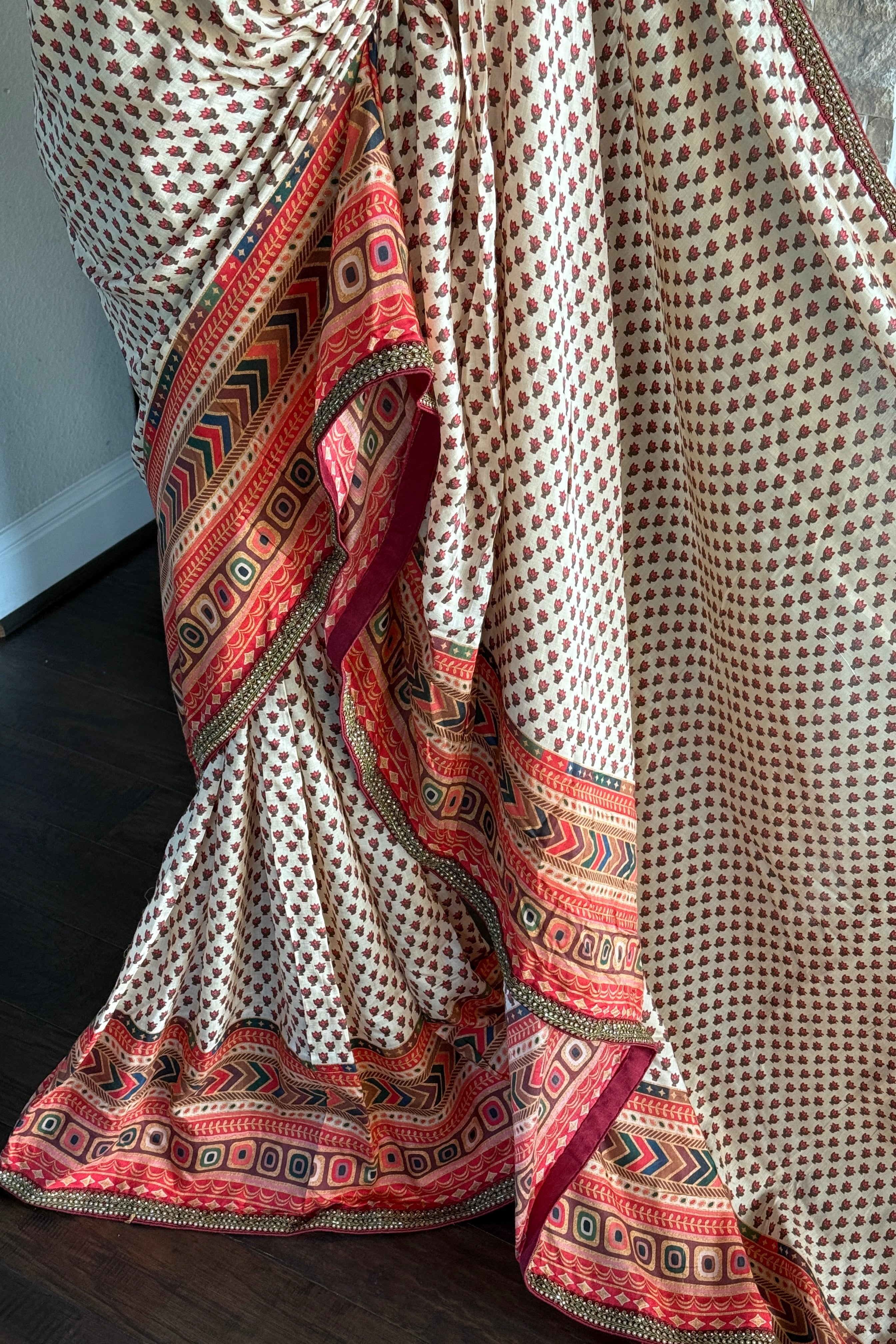 Satin Maslin Silk Printed - Beige Maroon Green