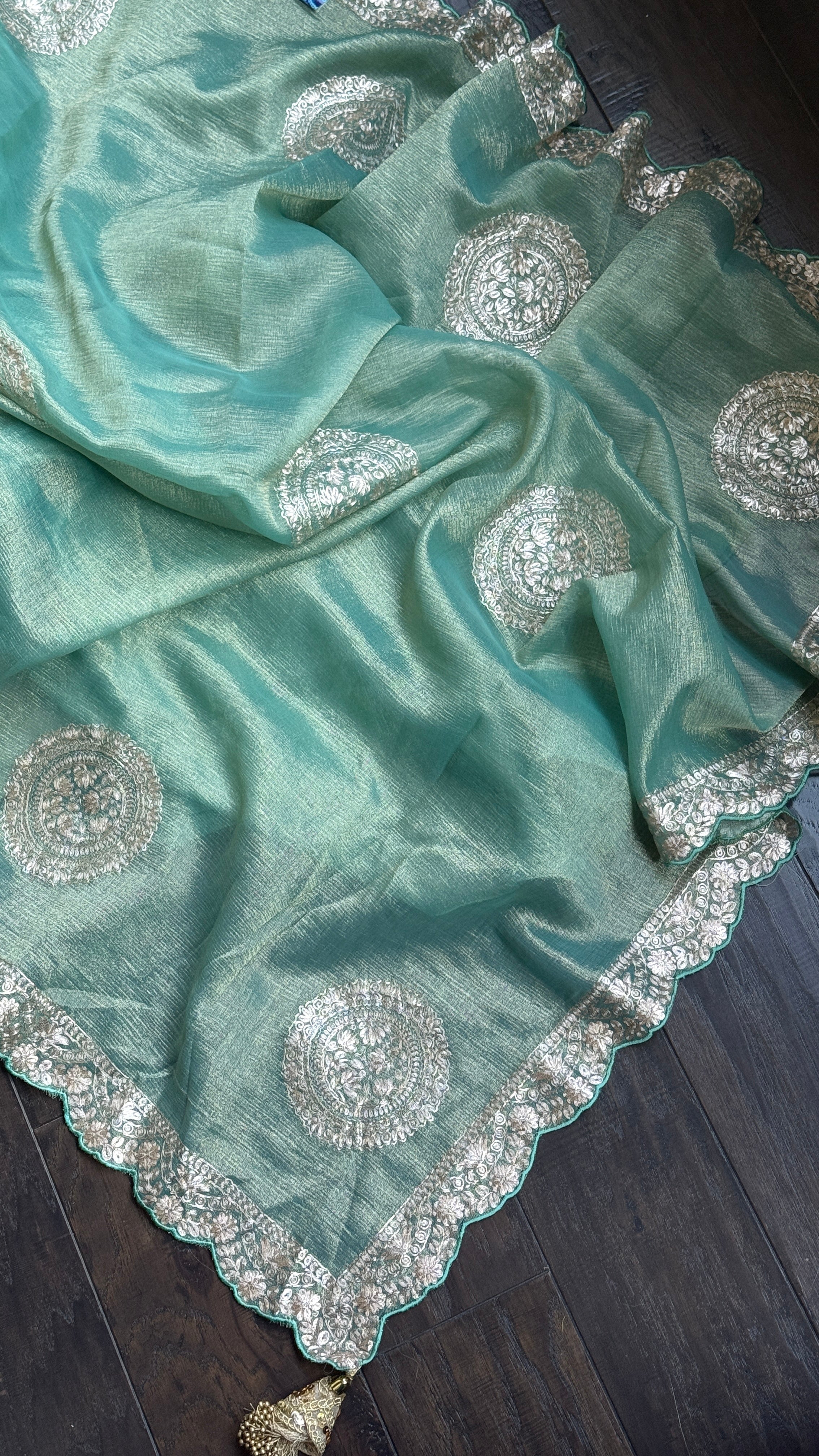 Designer Crushed Tissue Georgette - Sea Green Hand Pitta Work