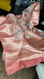 Pure Silk Linen Banarasi - Peach Floral Digital Print