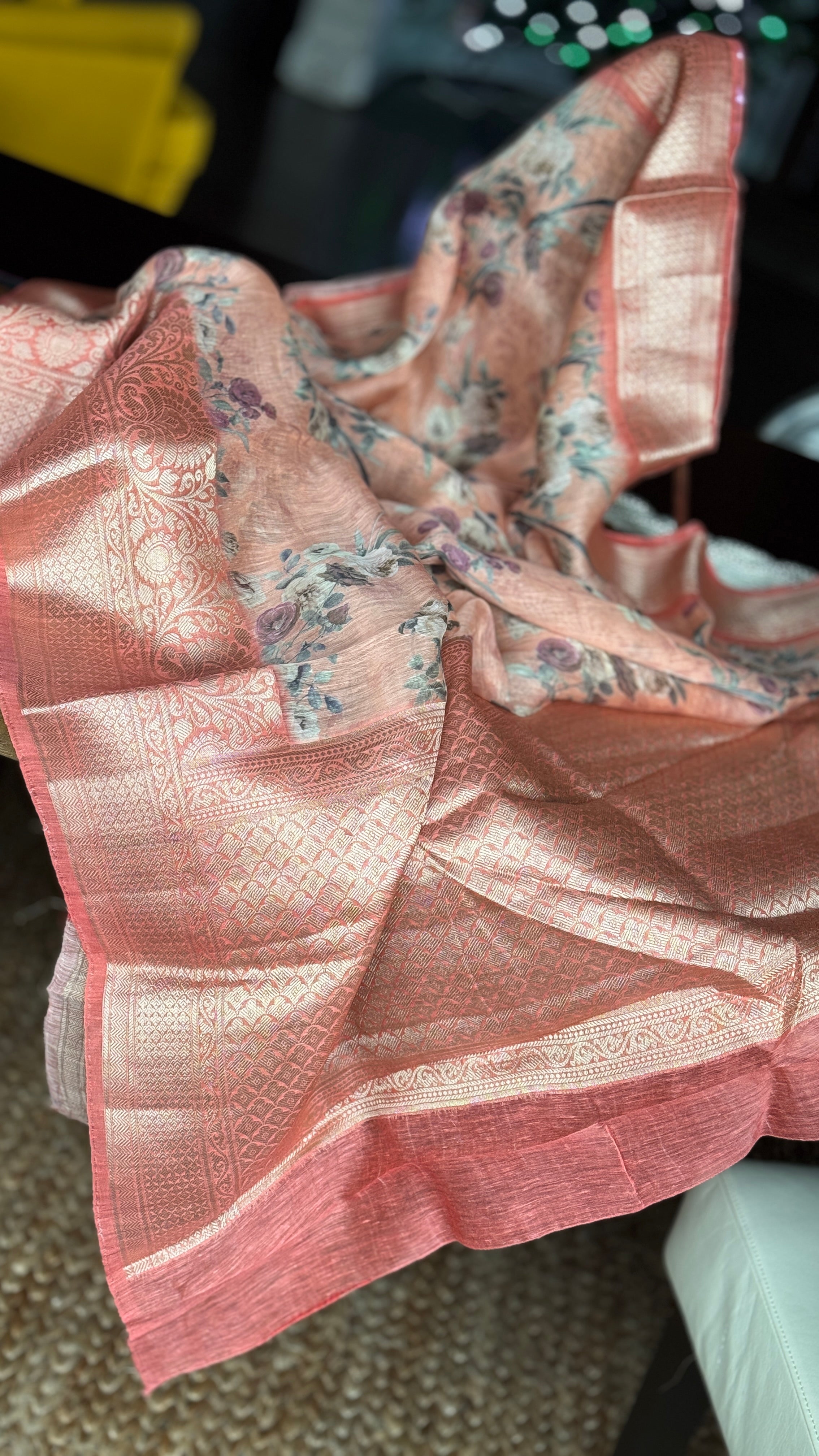Pure Silk Linen Banarasi - Peach Floral Digital Print