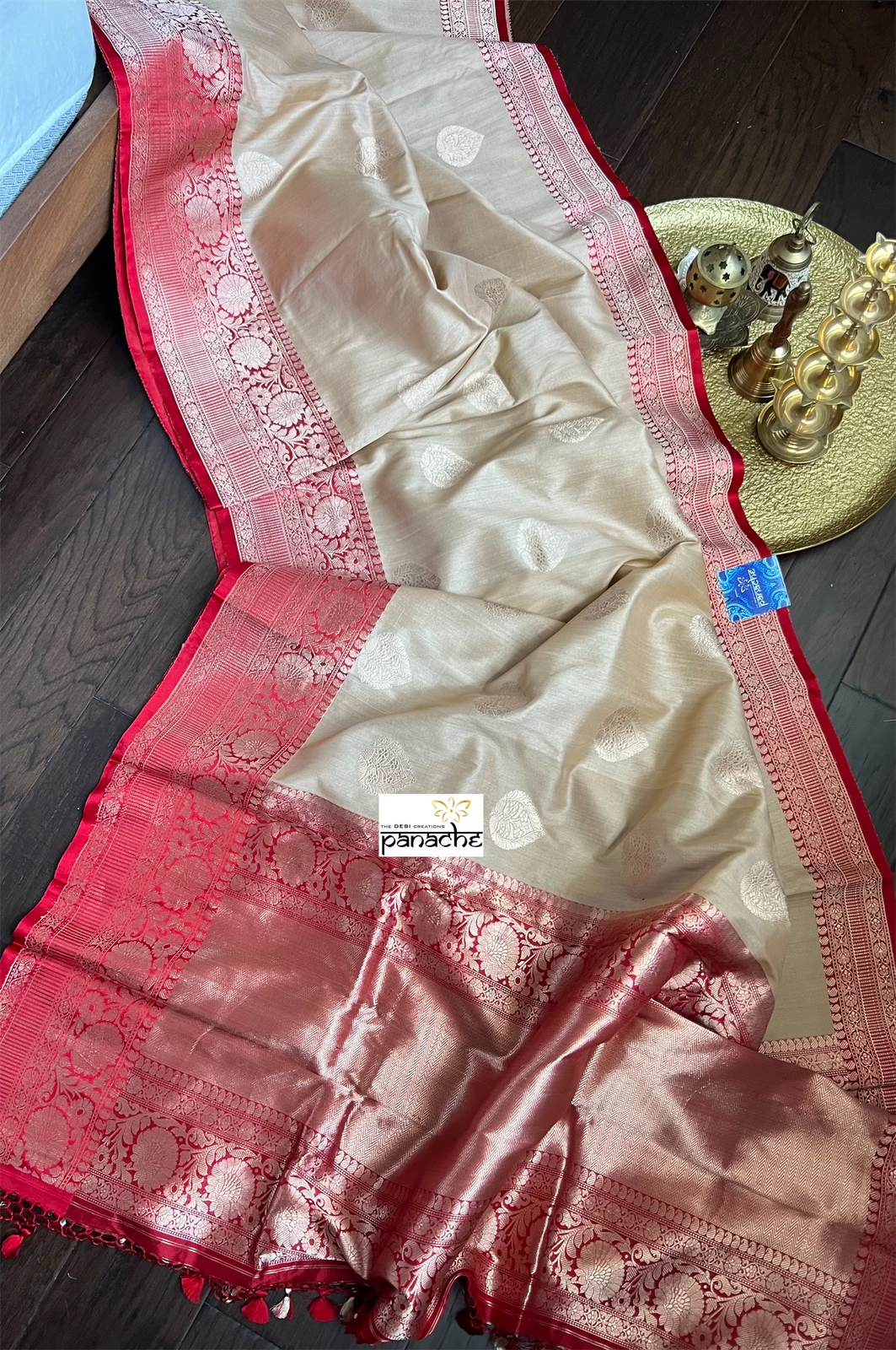 Tussar Silk Banarasi - Tan Beige Red