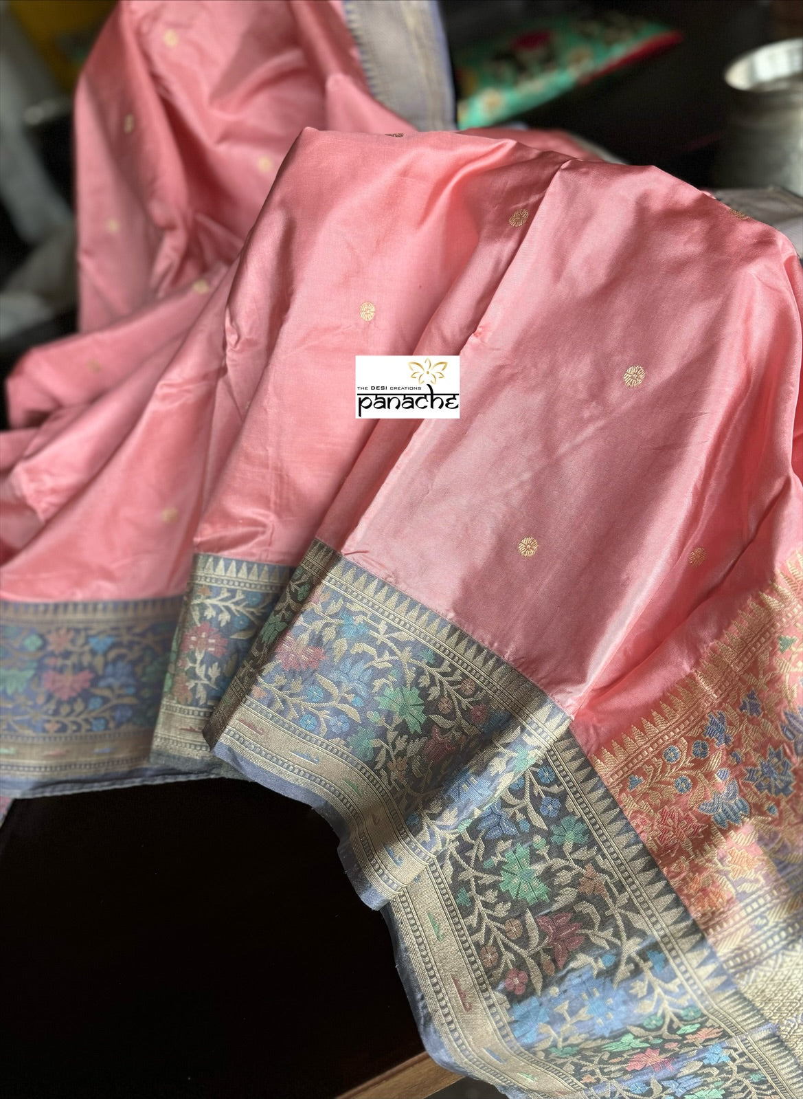 Pure Silk Paithani Banarasi- Pink Grey Tilfi