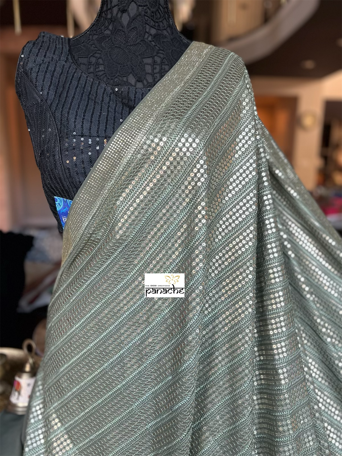 Designer Sequin Georgette - Light Moss Green Sequin work