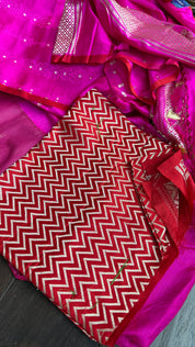Pure Silk Tanchoi Banarasi - Hot Pink Borderless