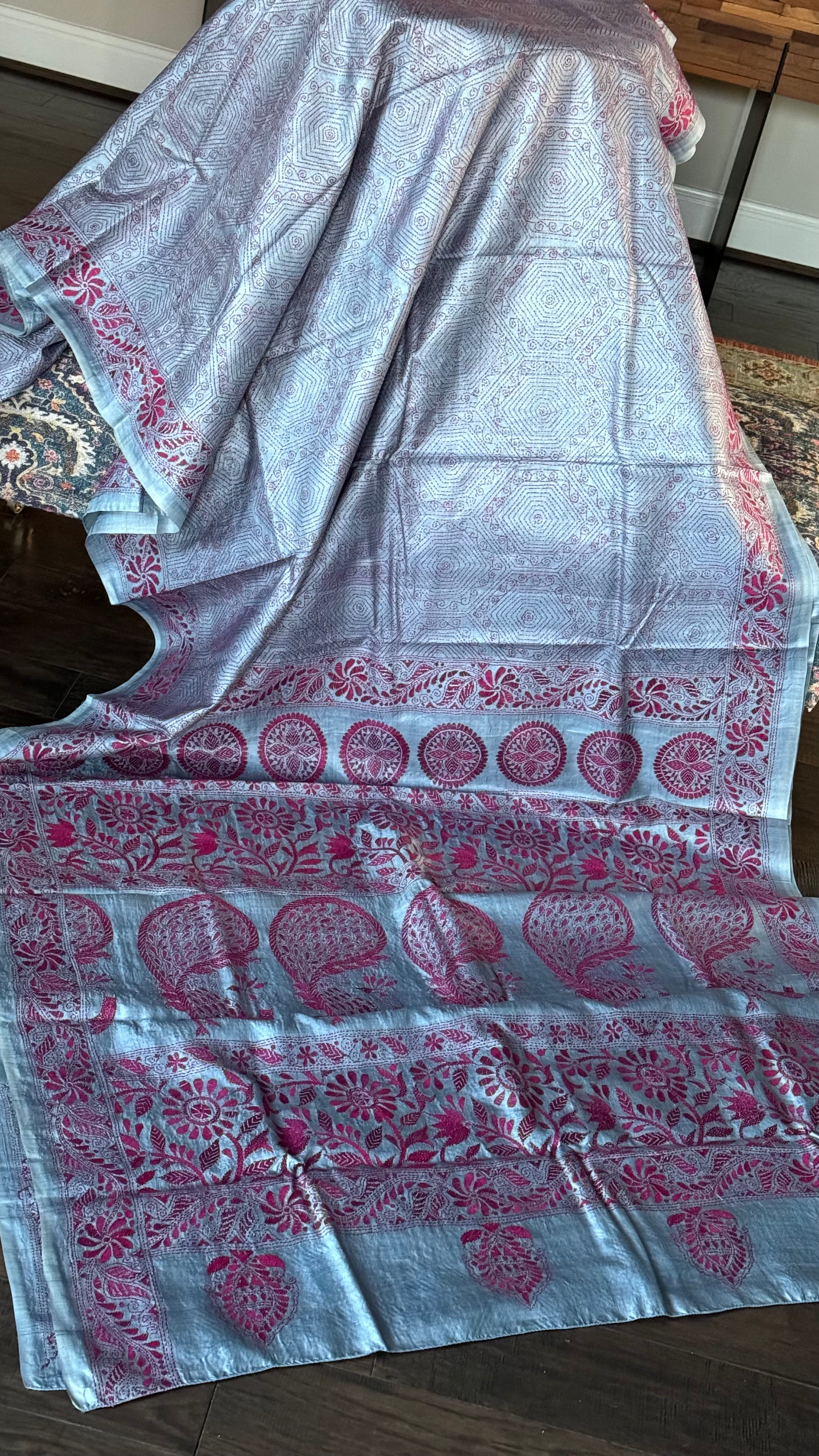 Pure Tussar Silk Kantha Stitch - Grey