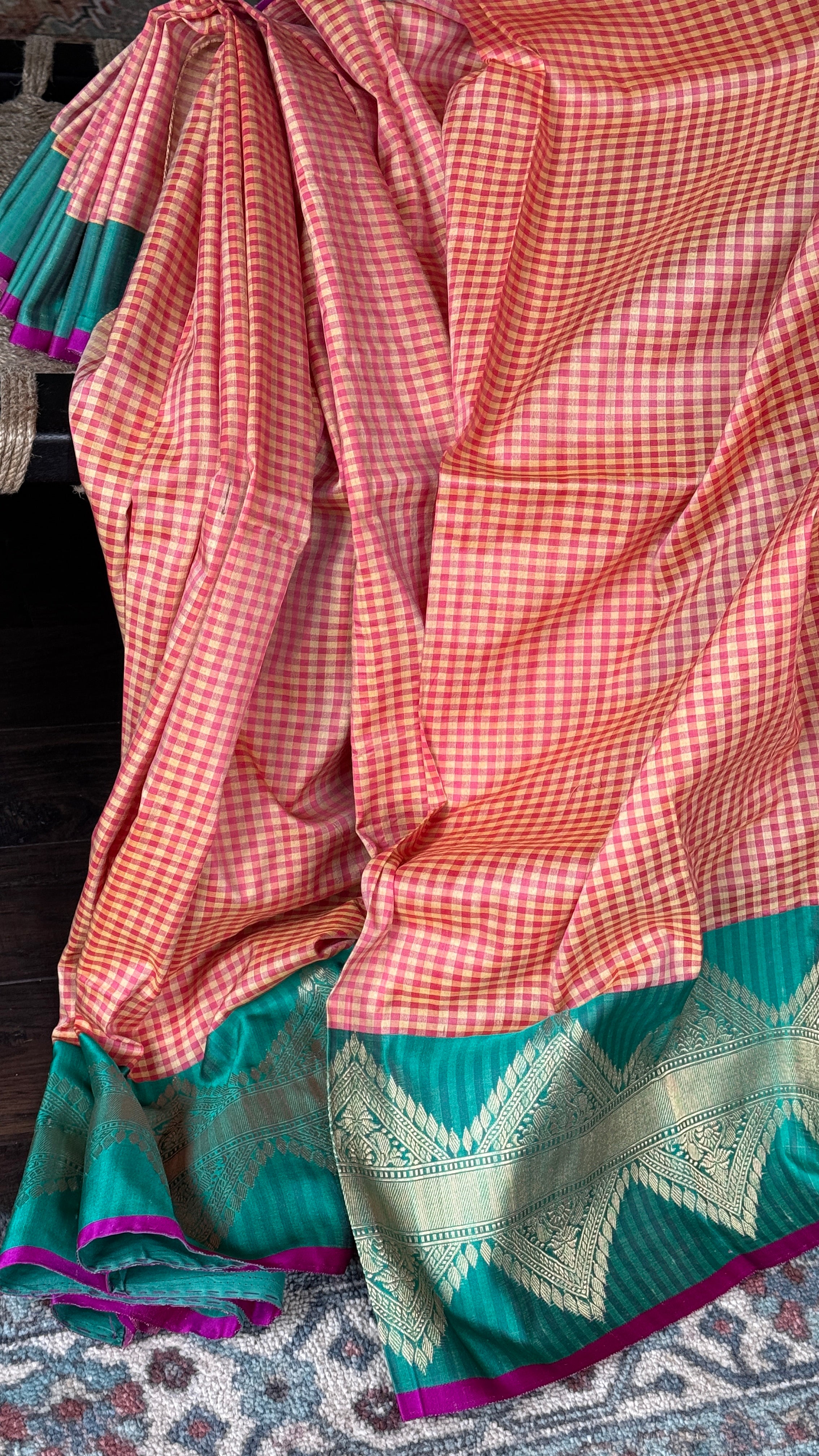Pure Silk Katan Banarasi - Yellow Sea Green Checkered