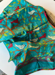 Pure Tussar Silk Stole - Firozi Color Kantha Stitch