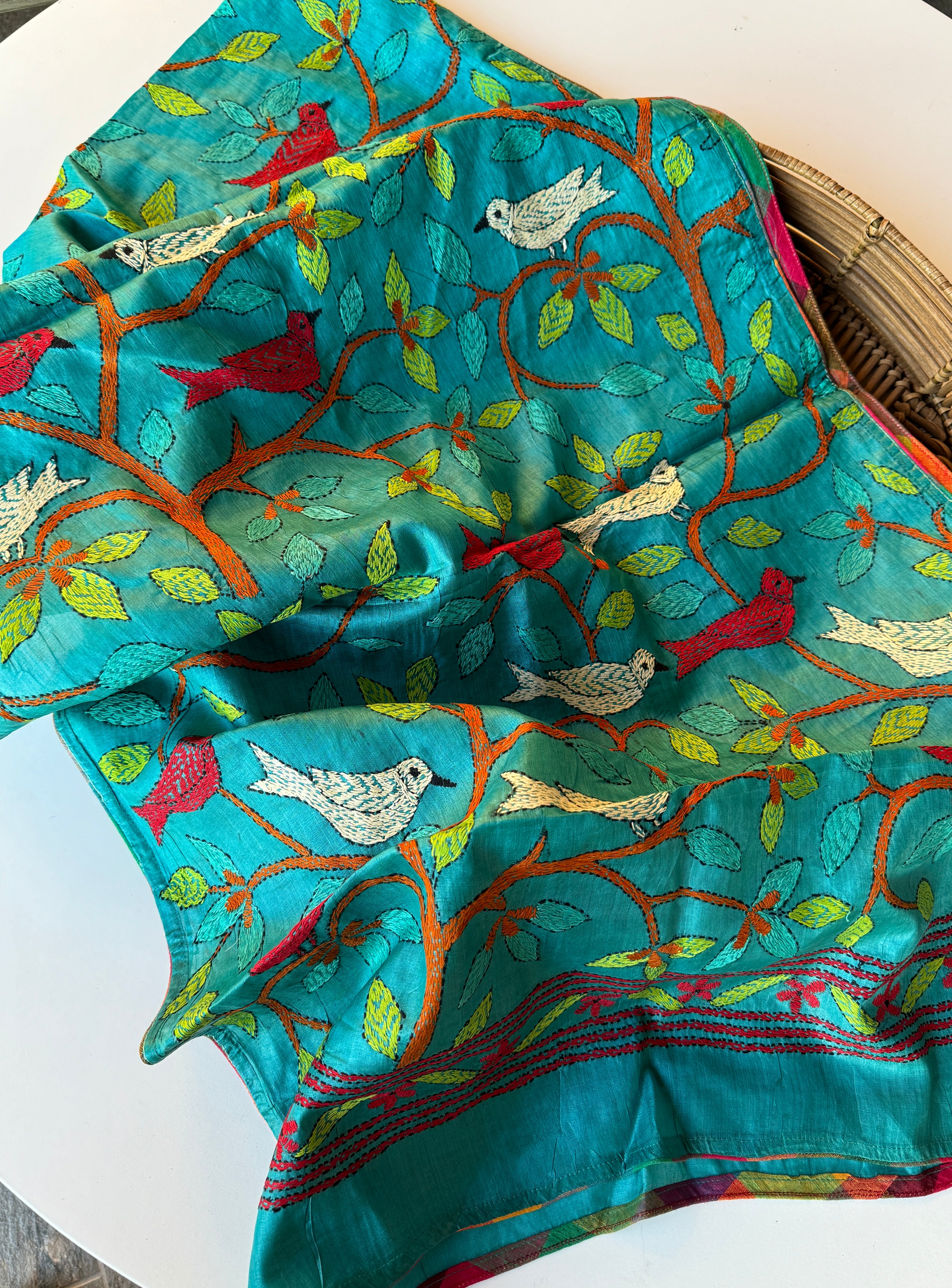 Pure Tussar Silk Stole - Firozi Color Kantha Stitch