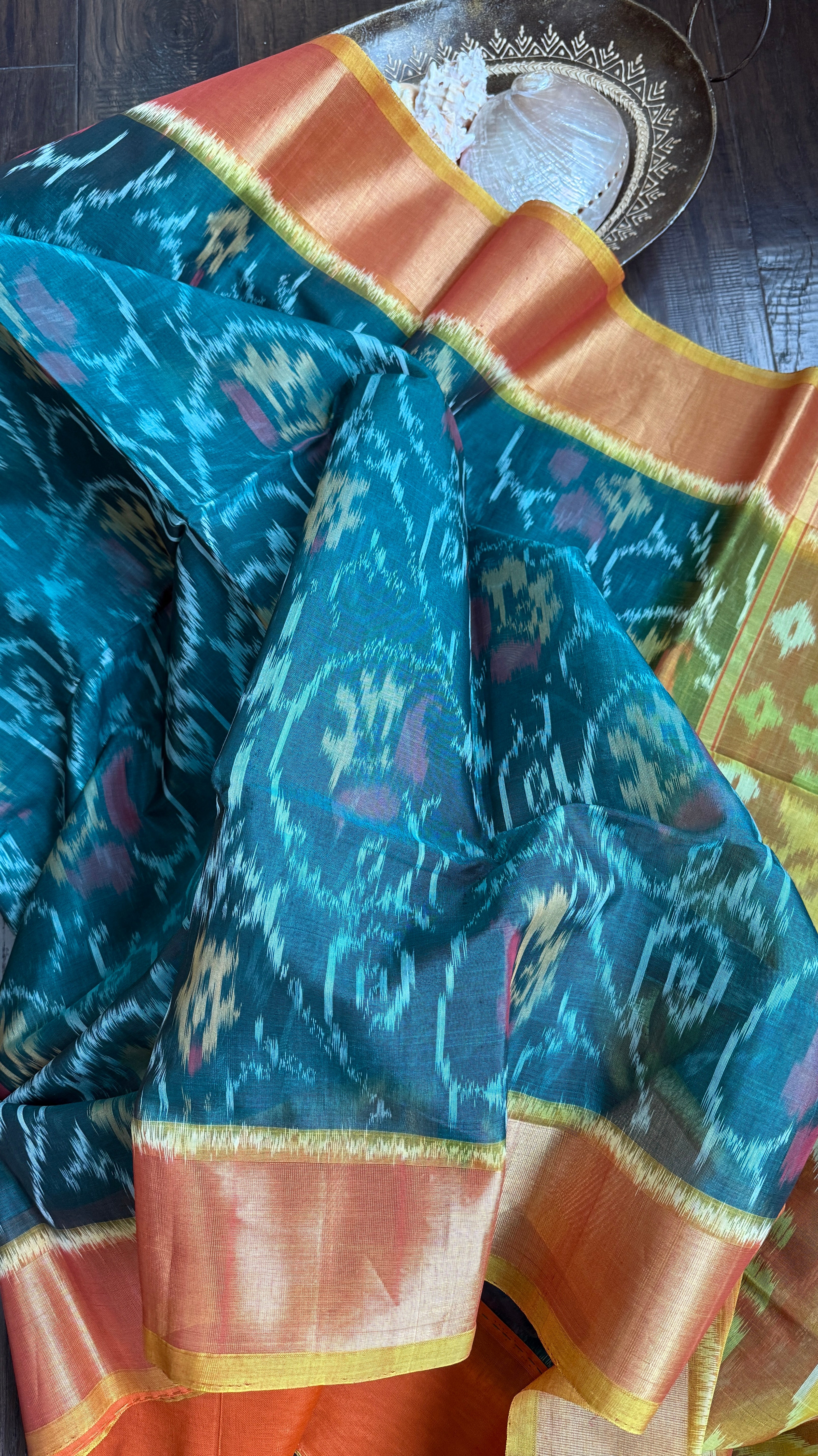 Pure Cotton Silk Ikat - Teal Green Orange