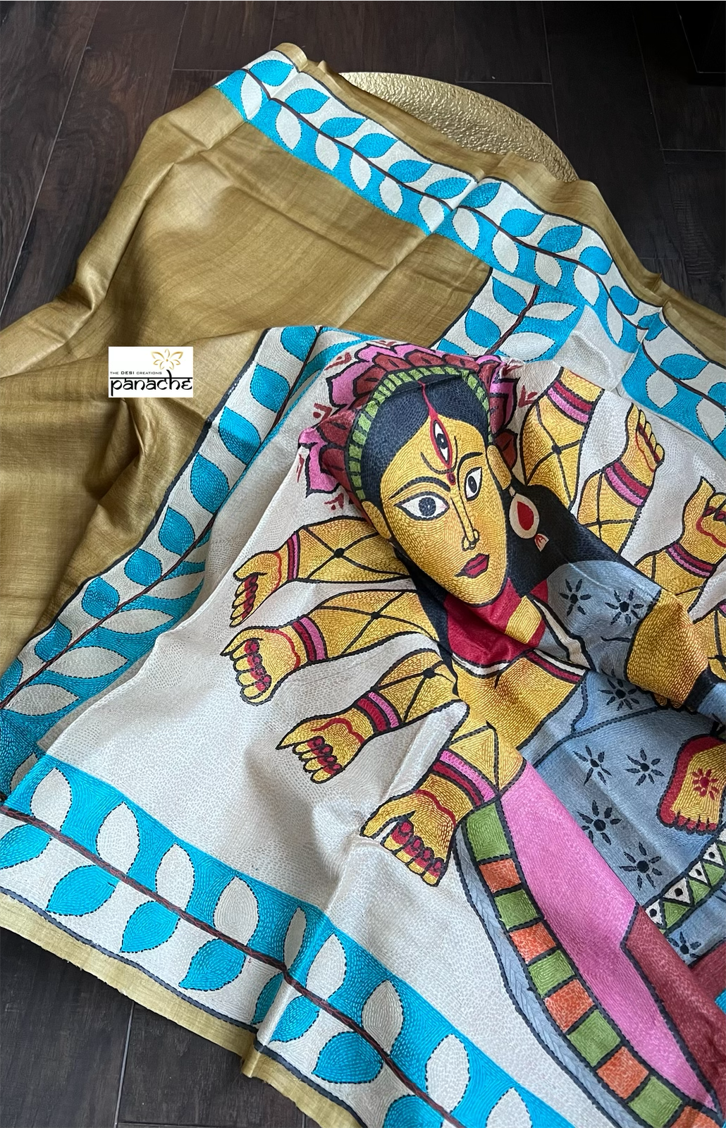 Pure Tussar Silk Sujni Kantha Stitch - Moss Brown Ma Durga