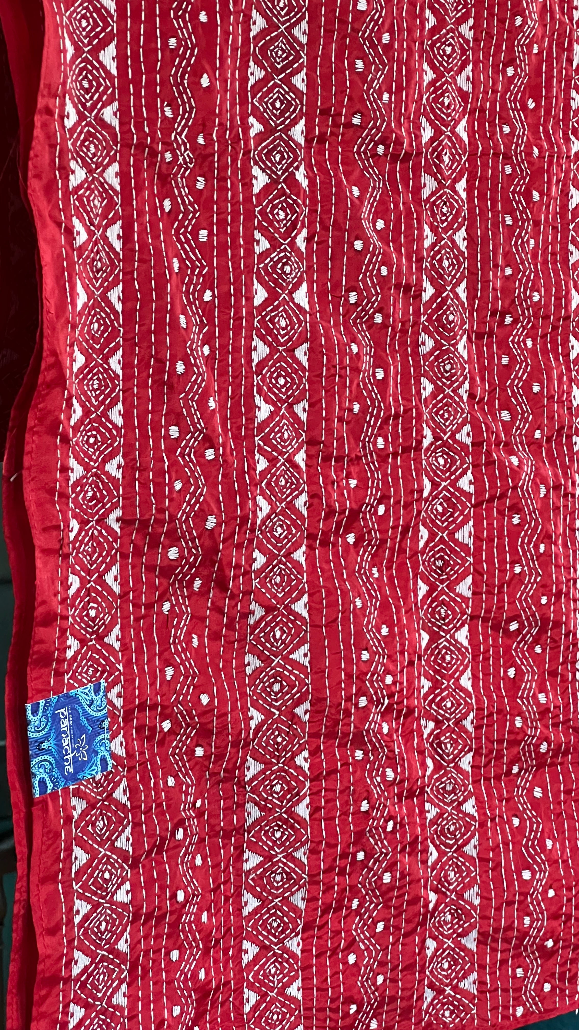 Pure Khadi Silk Stole - Red Kantha Stitch
