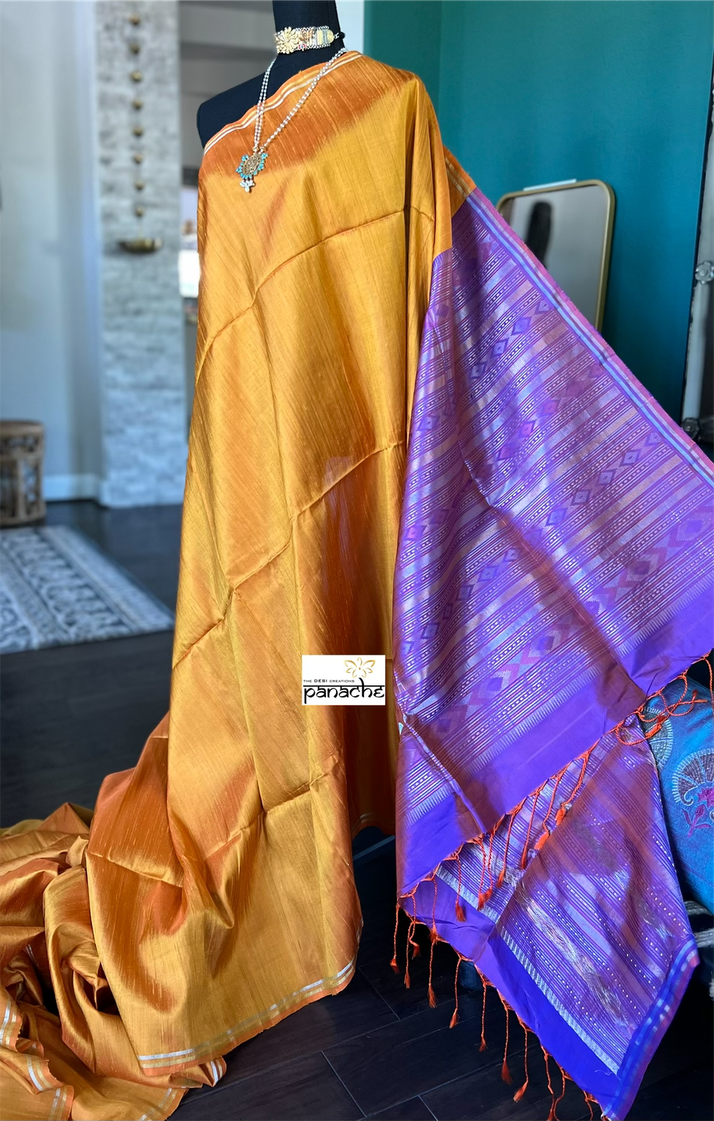 Pure Raw Silk Sambalpuri ikat - Yellow Purple