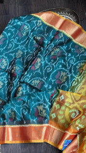 Pure Cotton Silk Ikat - Teal Green Orange