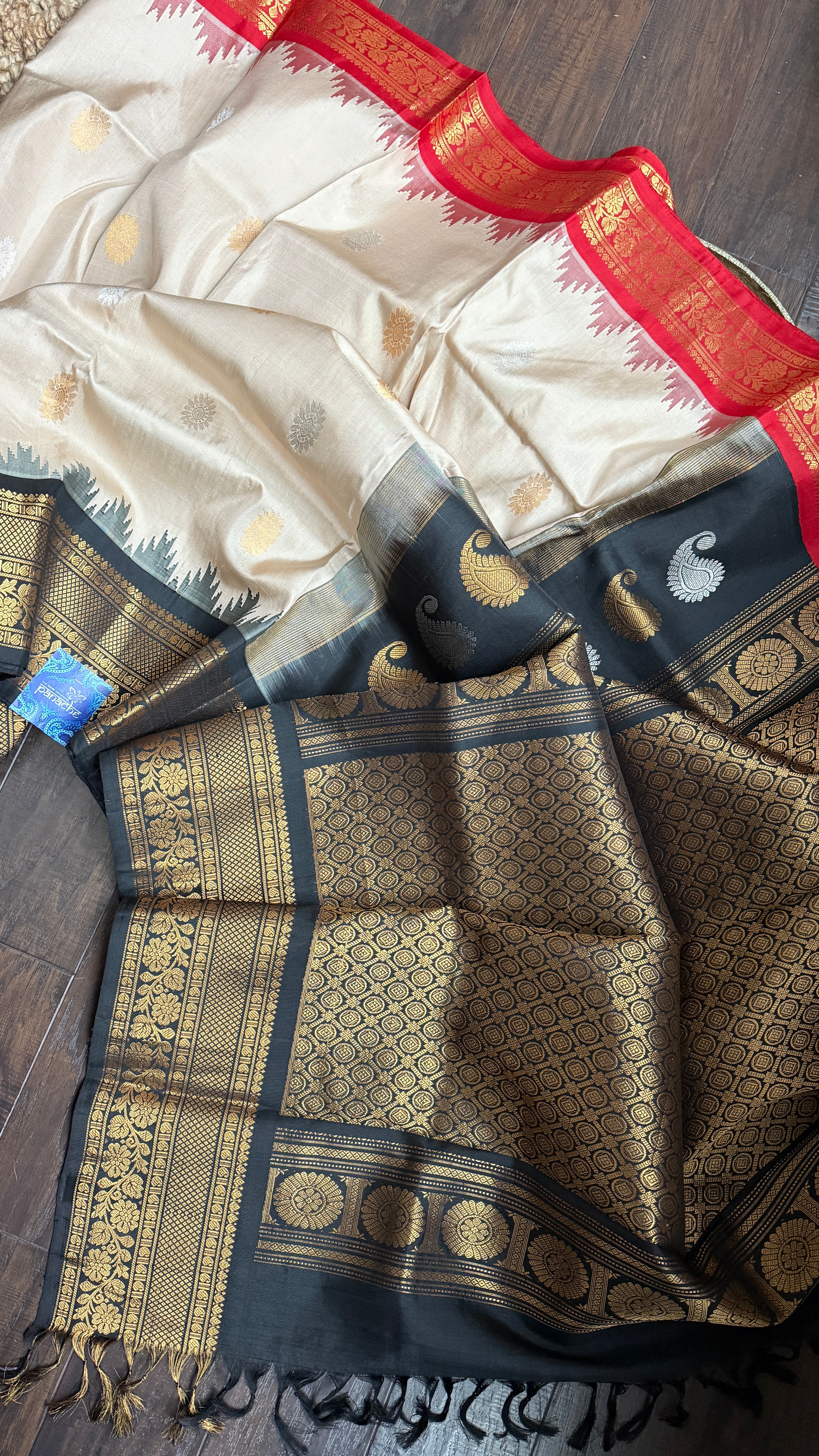 Pure Silk Gadwal - Tan Red Black Ganga Yamuna