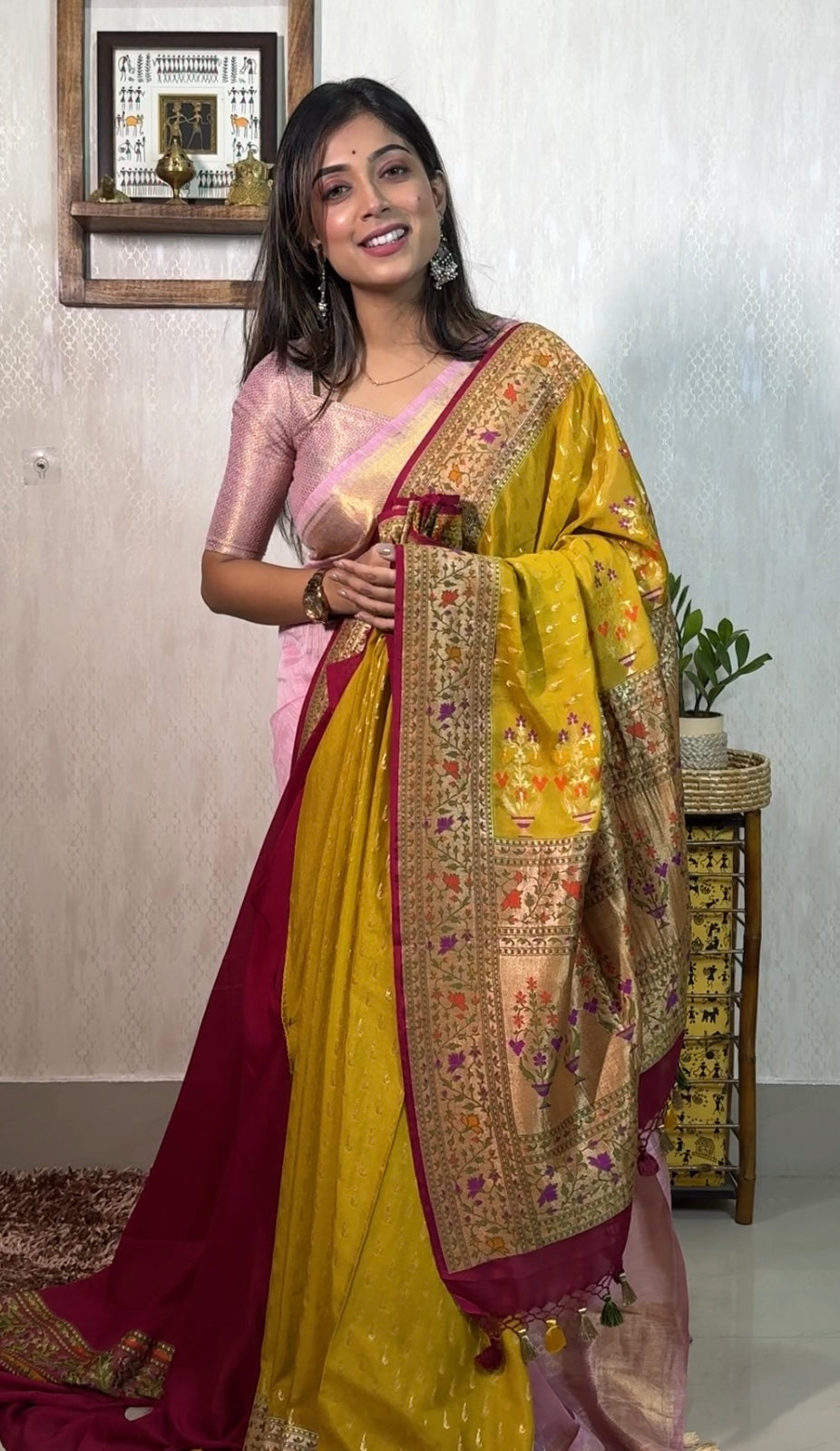 Khaddi Georgette Banarasi - Ochre Yellow Mahendi Paithani