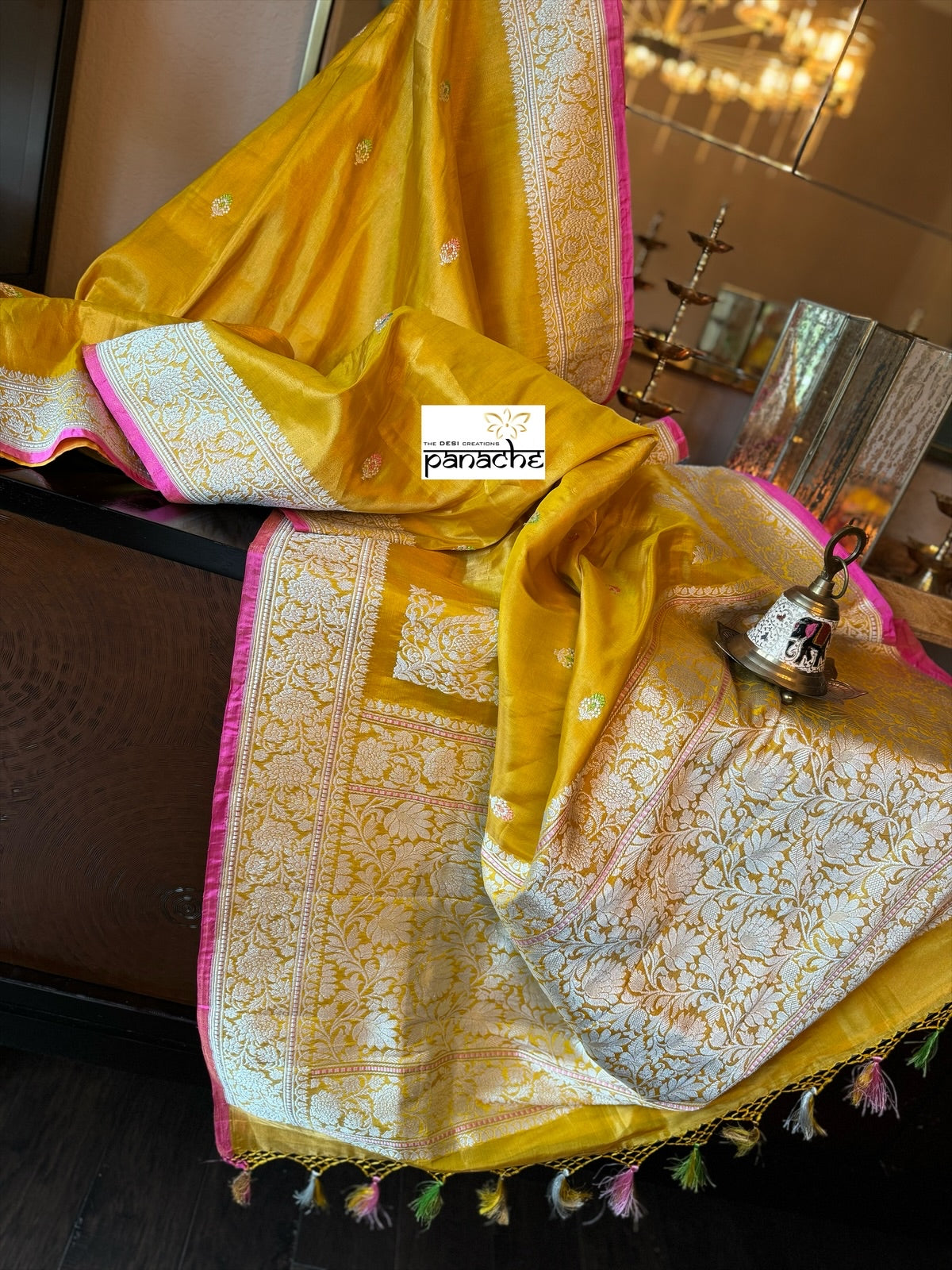 Pure Tissue Katan Silk Banarasi - Yellow Pink Woven