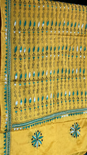 Pure Khadi Silk Yellow Green Kantha Stitch