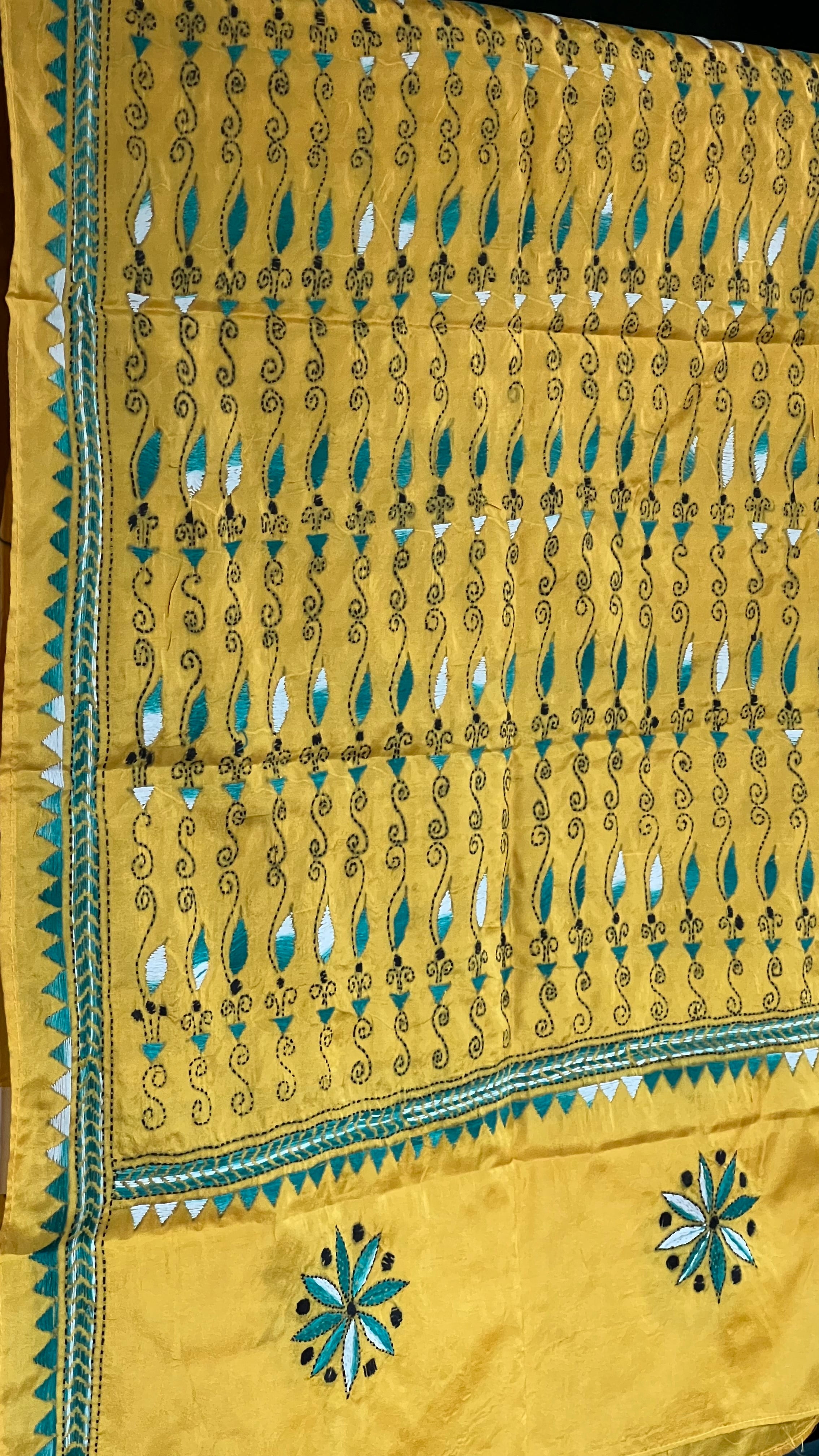 Pure Khadi Silk Yellow Green Kantha Stitch