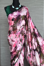 Designer Satin Maslin Silk - Green Pink Shaded Flower