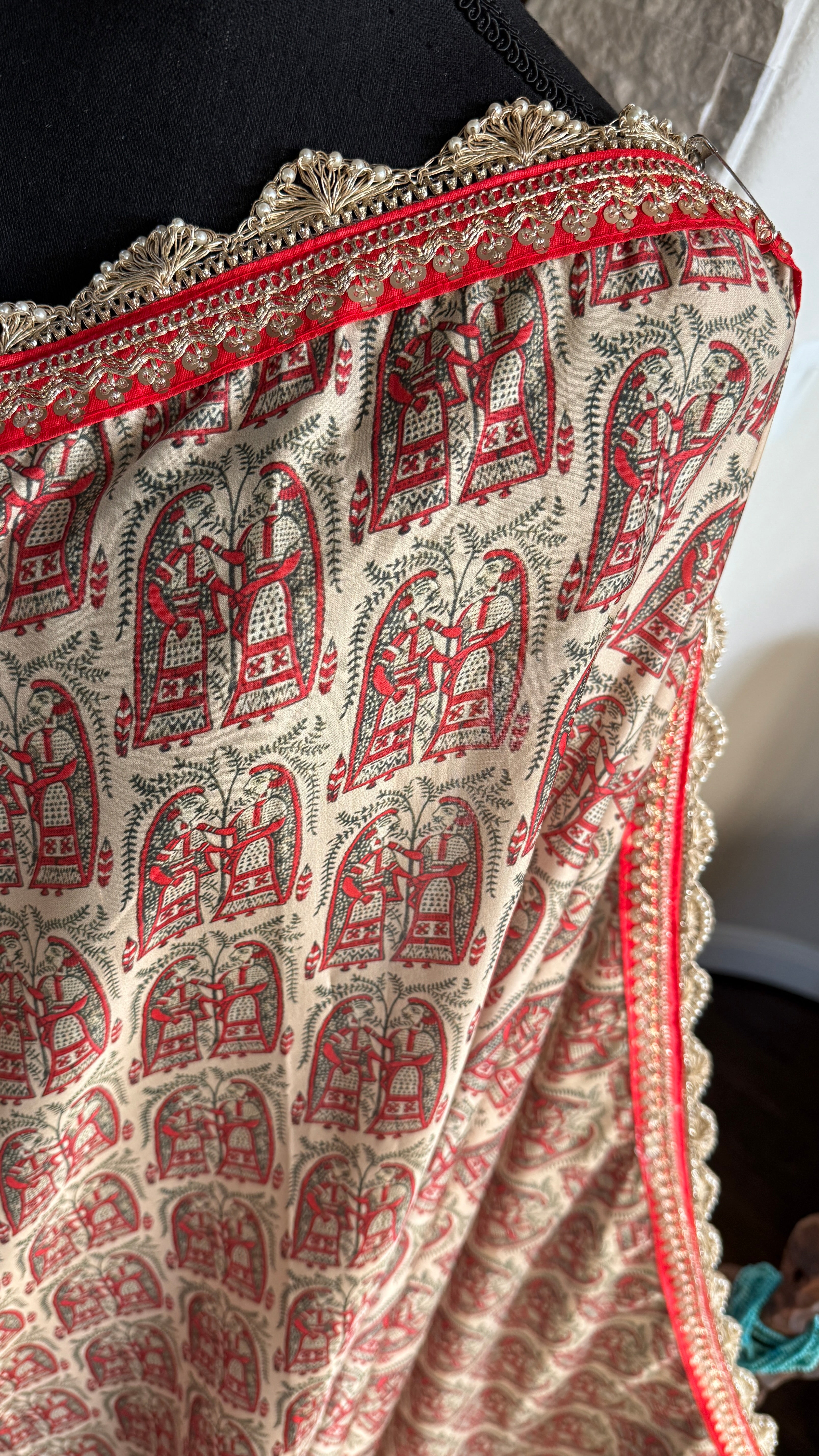 Designer Soft Silk - Beige Red Figurines Printed