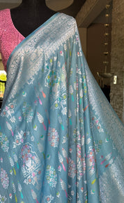 Tussar Silk Banarasi- Light Firozi Blue Silver Zari