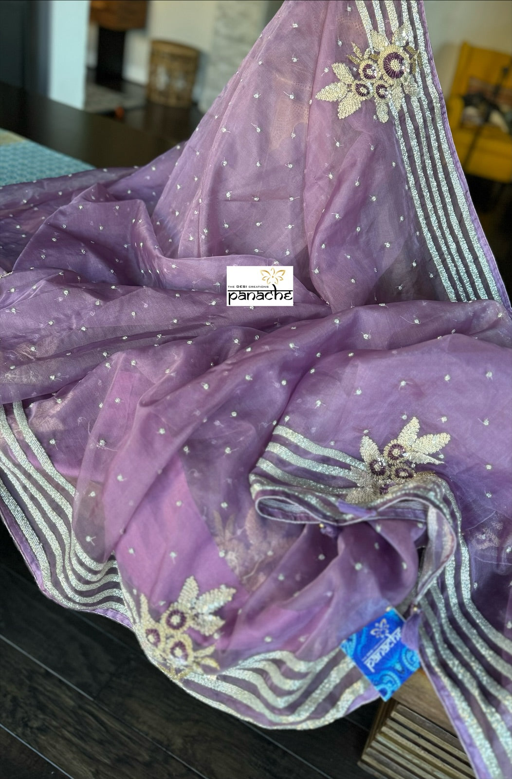 Designer Organza Hand Embroidered - Mauve Multi Color
