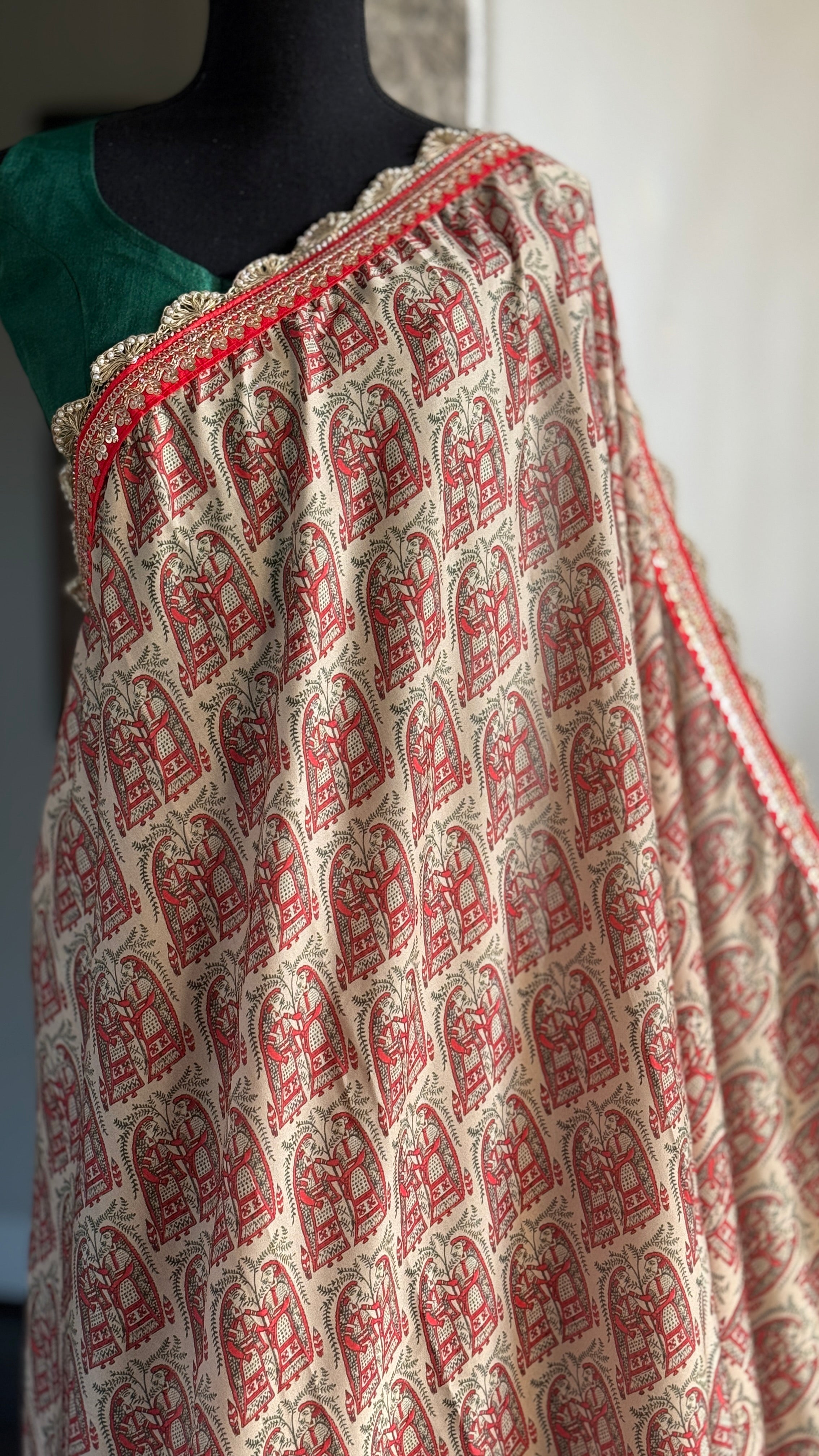 Designer Soft Silk - Beige Red Figurines Printed