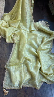 Designer Crushed Tissue Silk - Light Pista Embroidered